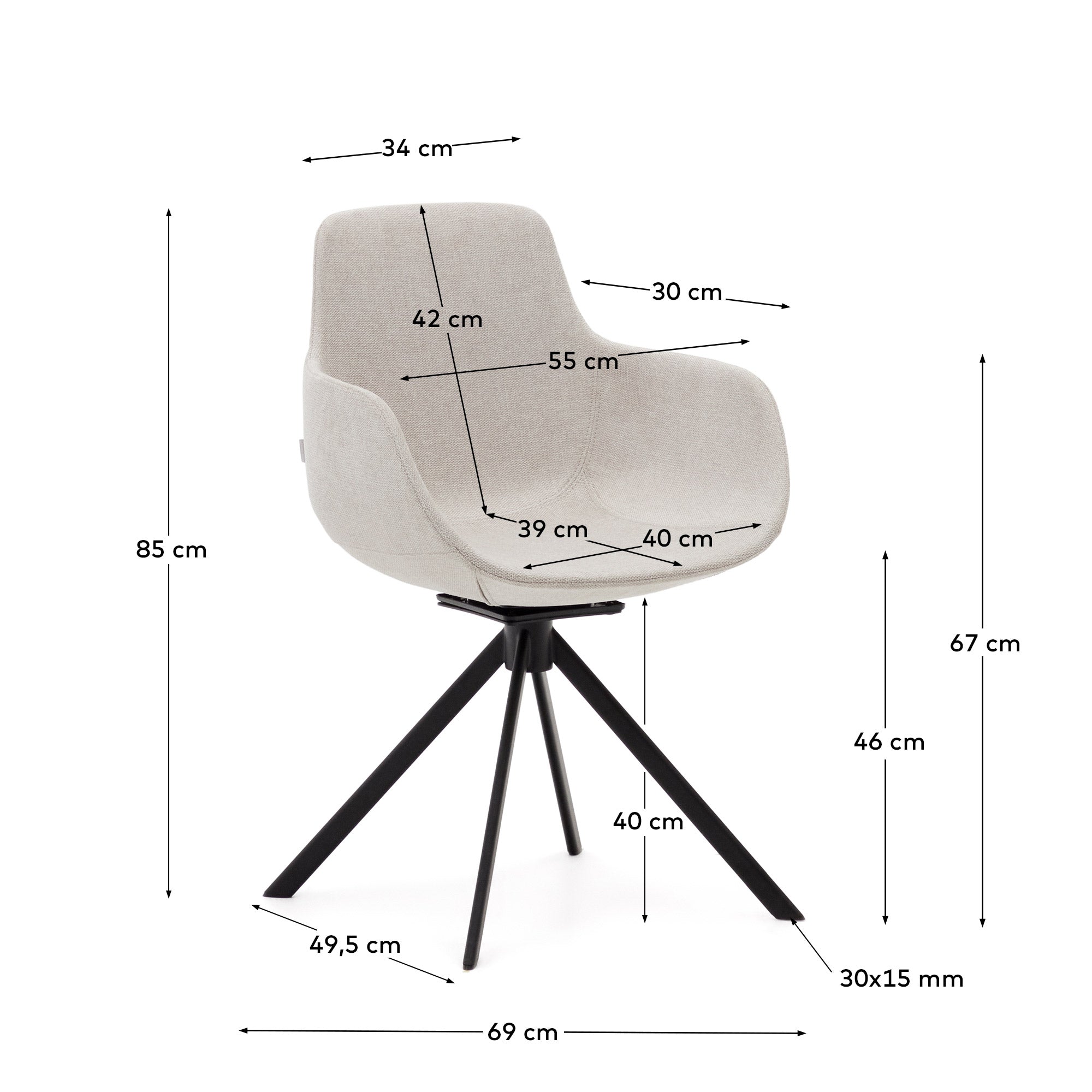 Tissiana self-centring swivel chair in beige chenille and matte black aluminium - Measurements