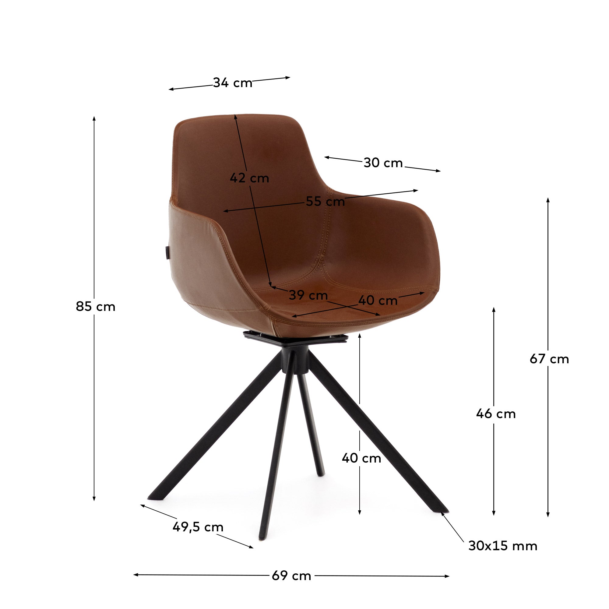 Tissiana self-centring swivel chair in synthetic brown leather and matte black aluminium - Measurements