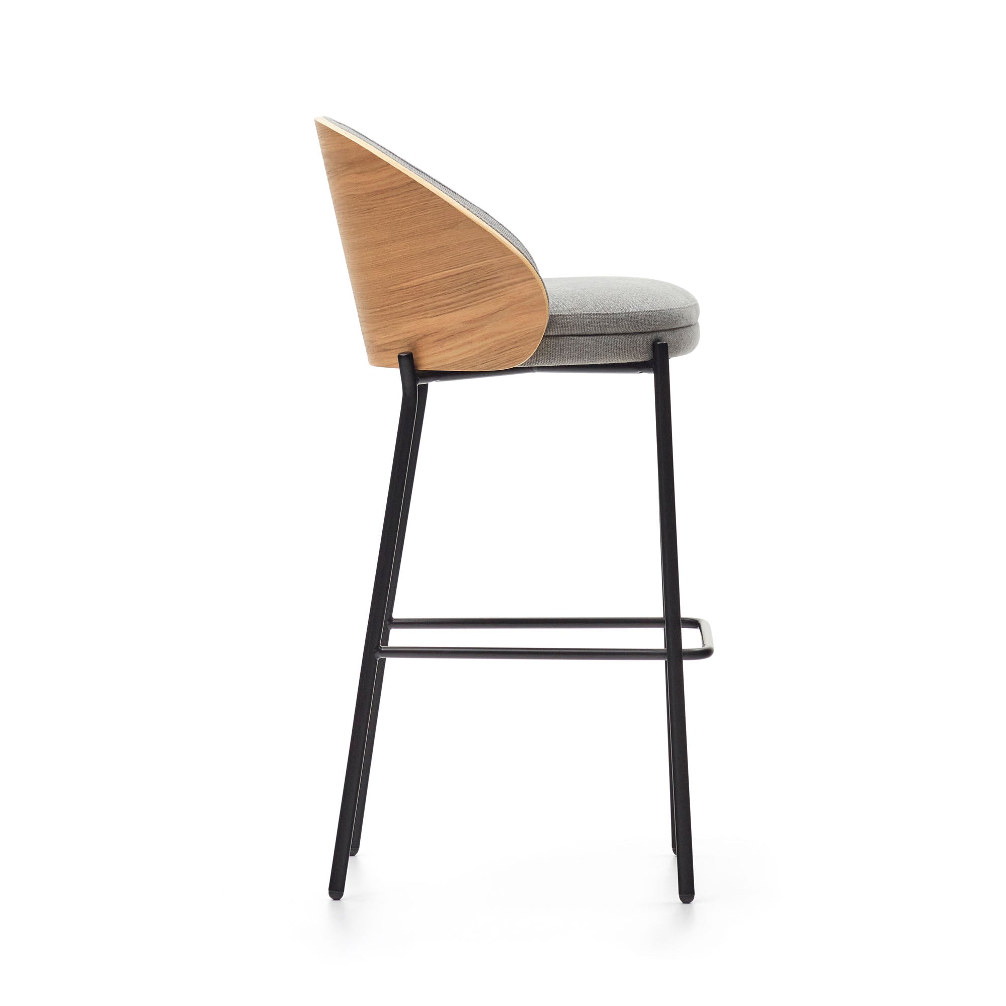 Eamy stool light grey chenille and ash wood veneer with a natural finish and black metal, 77 cm - Product Image