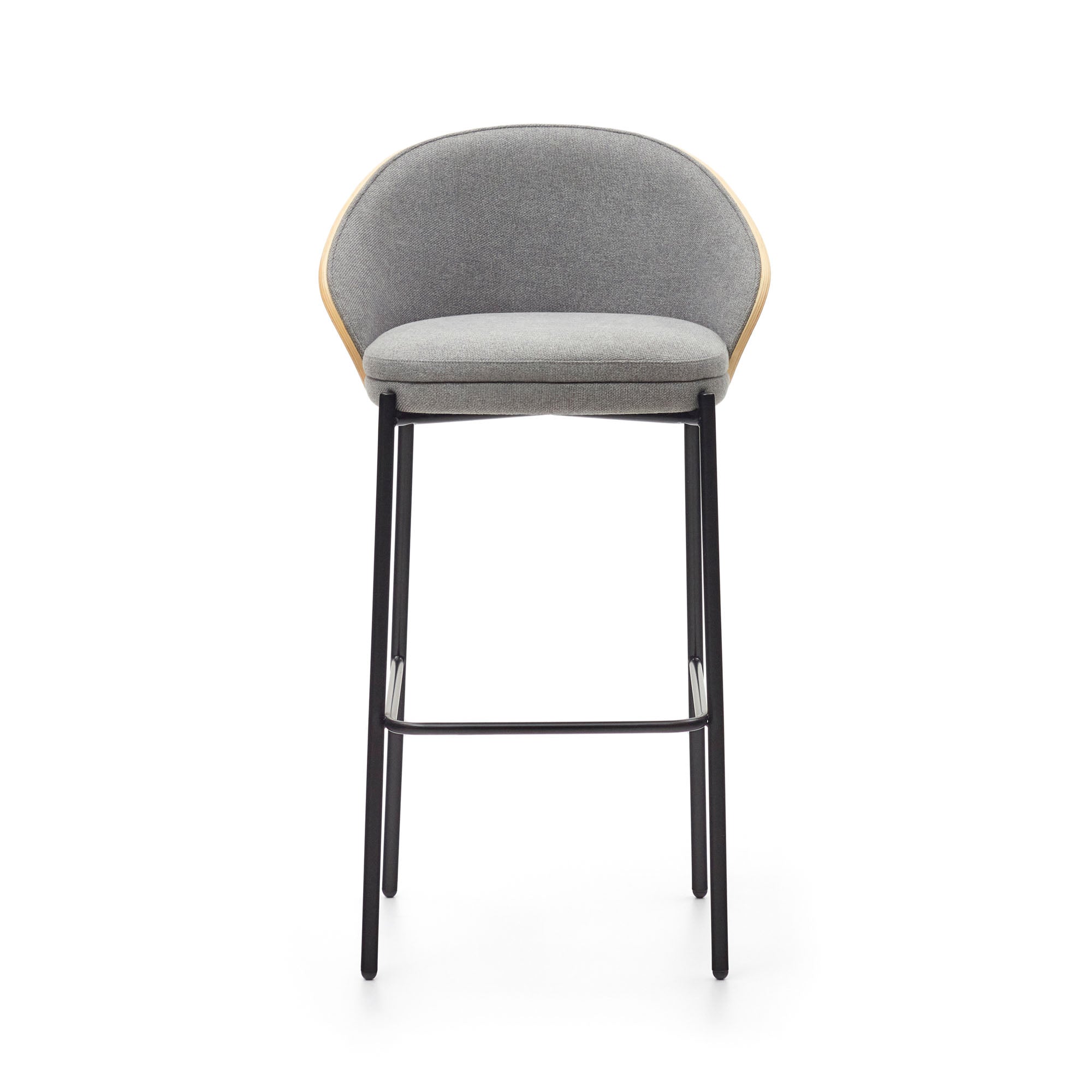 Eamy stool light grey chenille and ash wood veneer with a natural finish and black metal, 77 cm - Product Image