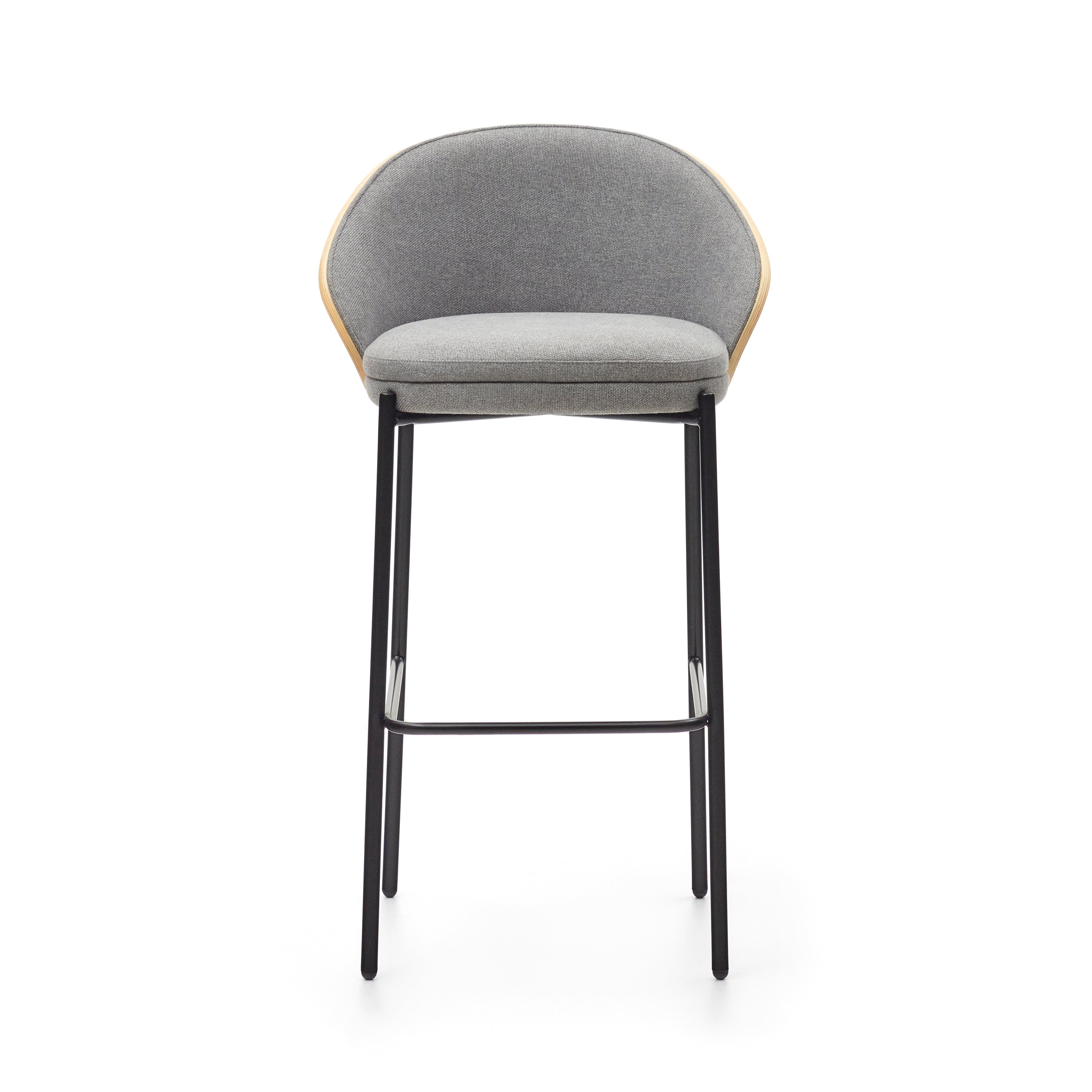 Eamy stool light grey chenille and ash wood veneer with a natural finish and black metal, 77 cm - Product Image