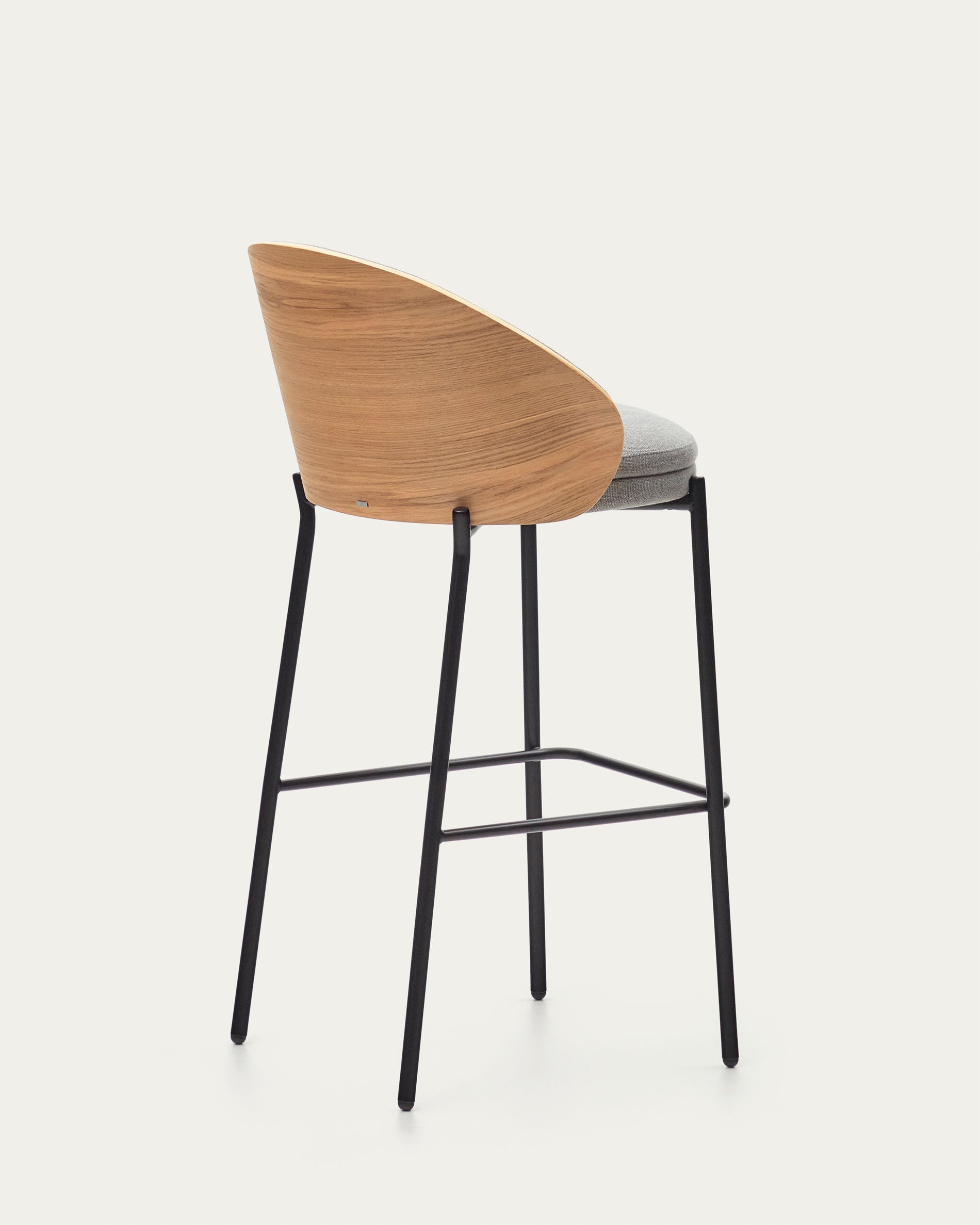 Eamy stool light grey chenille and ash wood veneer with a natural finish and black metal, 77 cm - Detail