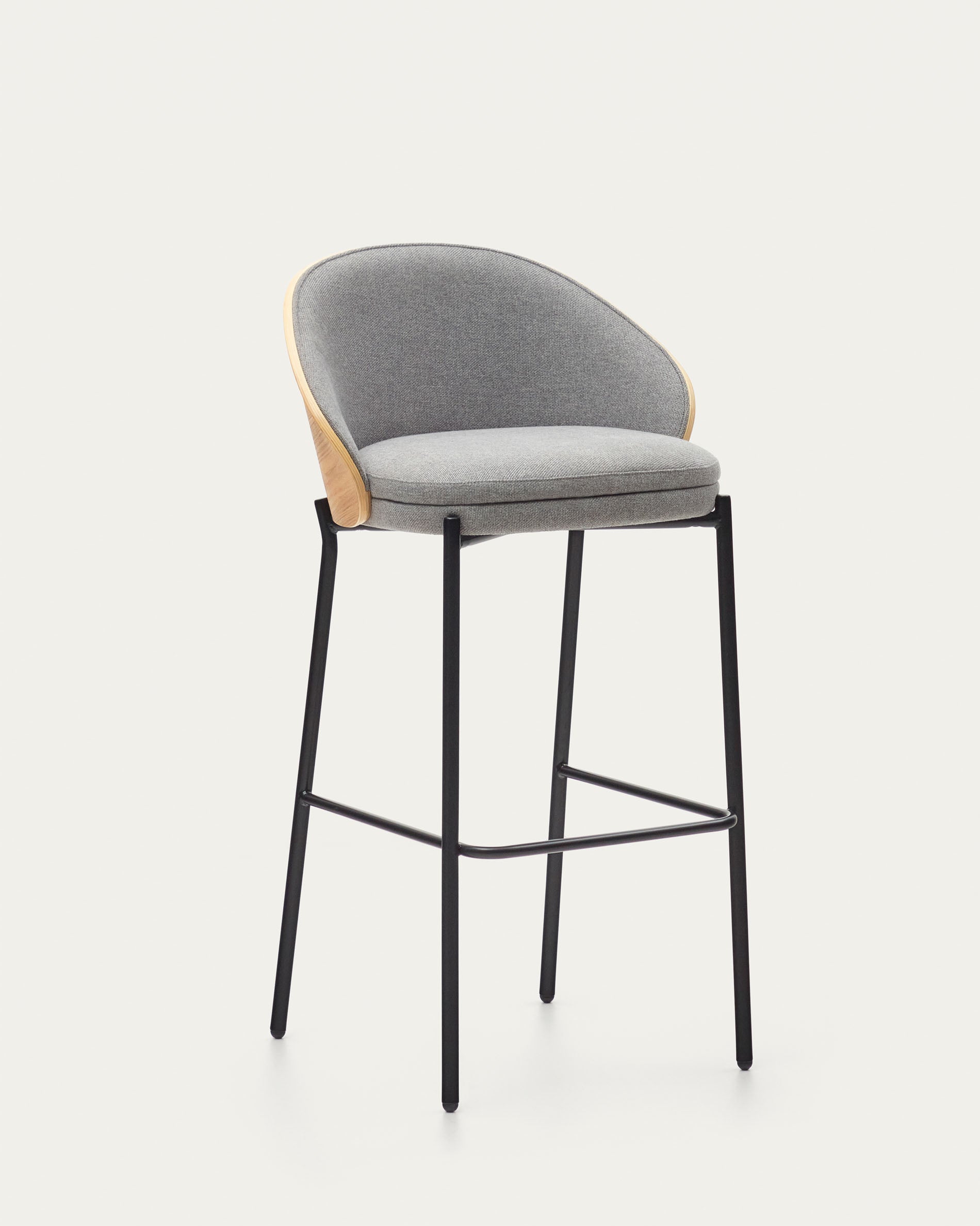 Eamy stool light grey chenille and ash wood veneer with a natural finish and black metal, 77 cm - Product View
