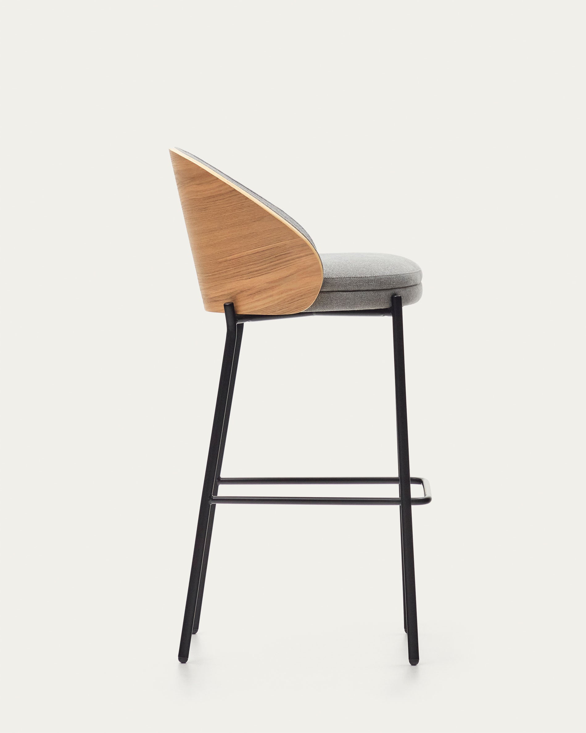 Eamy stool light grey chenille and ash wood veneer with a natural finish and black metal, 77 cm - Product View