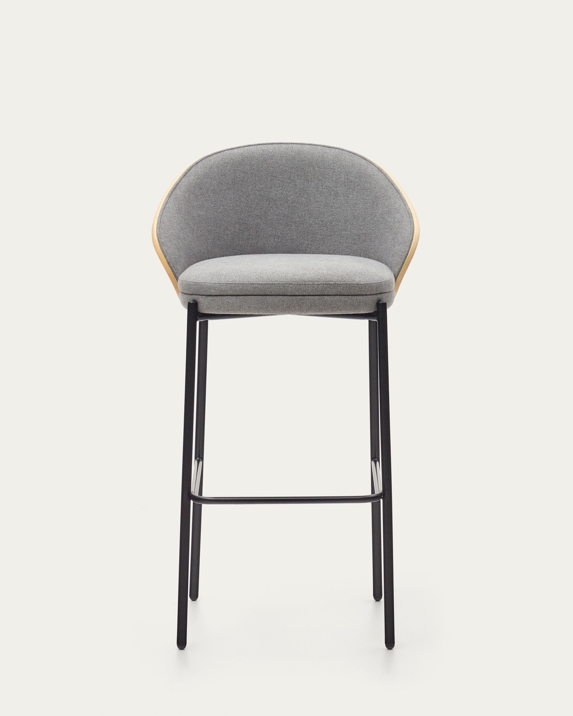 Eamy stool light grey chenille and ash wood veneer with a natural finish and black metal, 77 cm - Product View