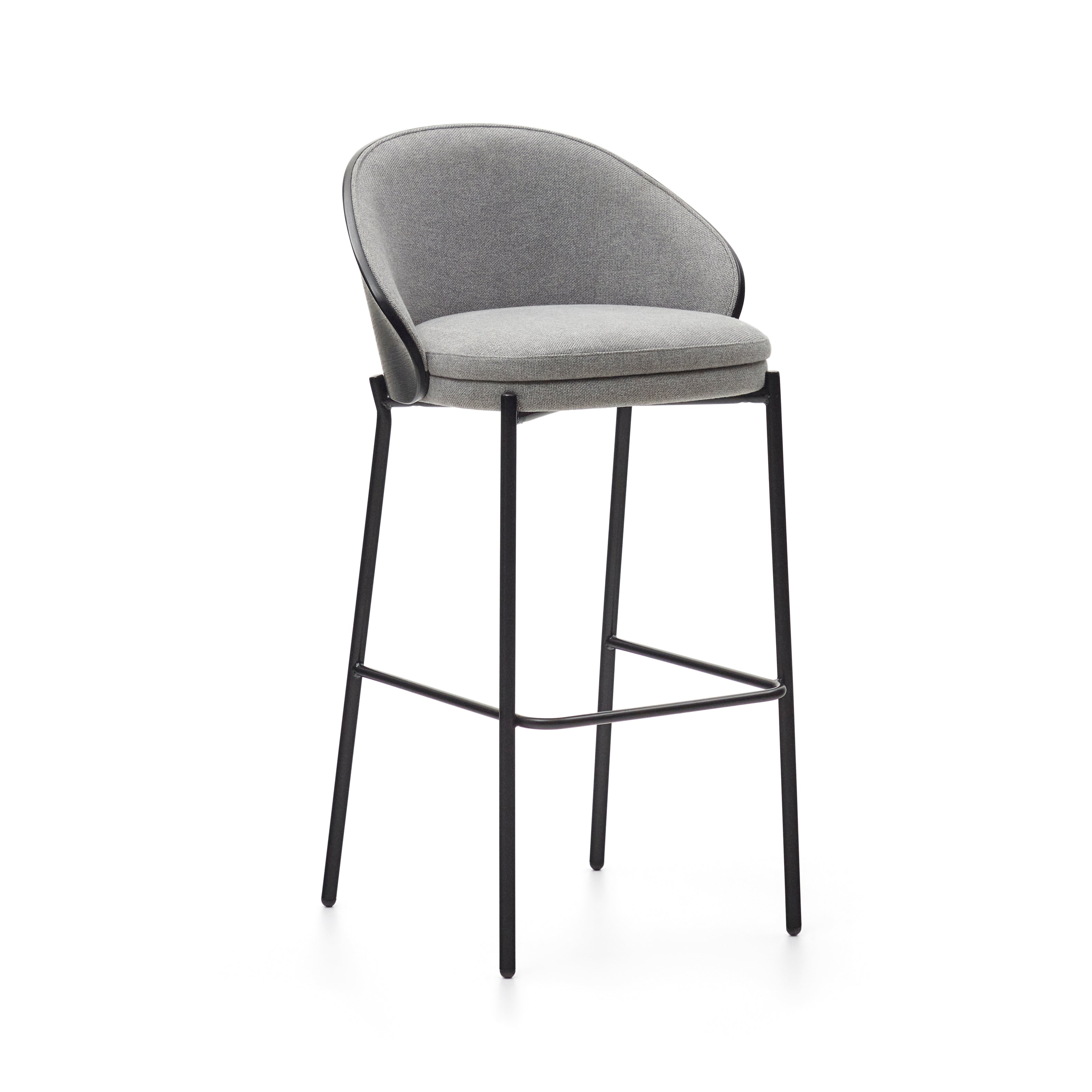 Eamy stool light grey chenille and ash wood veneer with a black finish and black metal, 77 cm - Product Image
