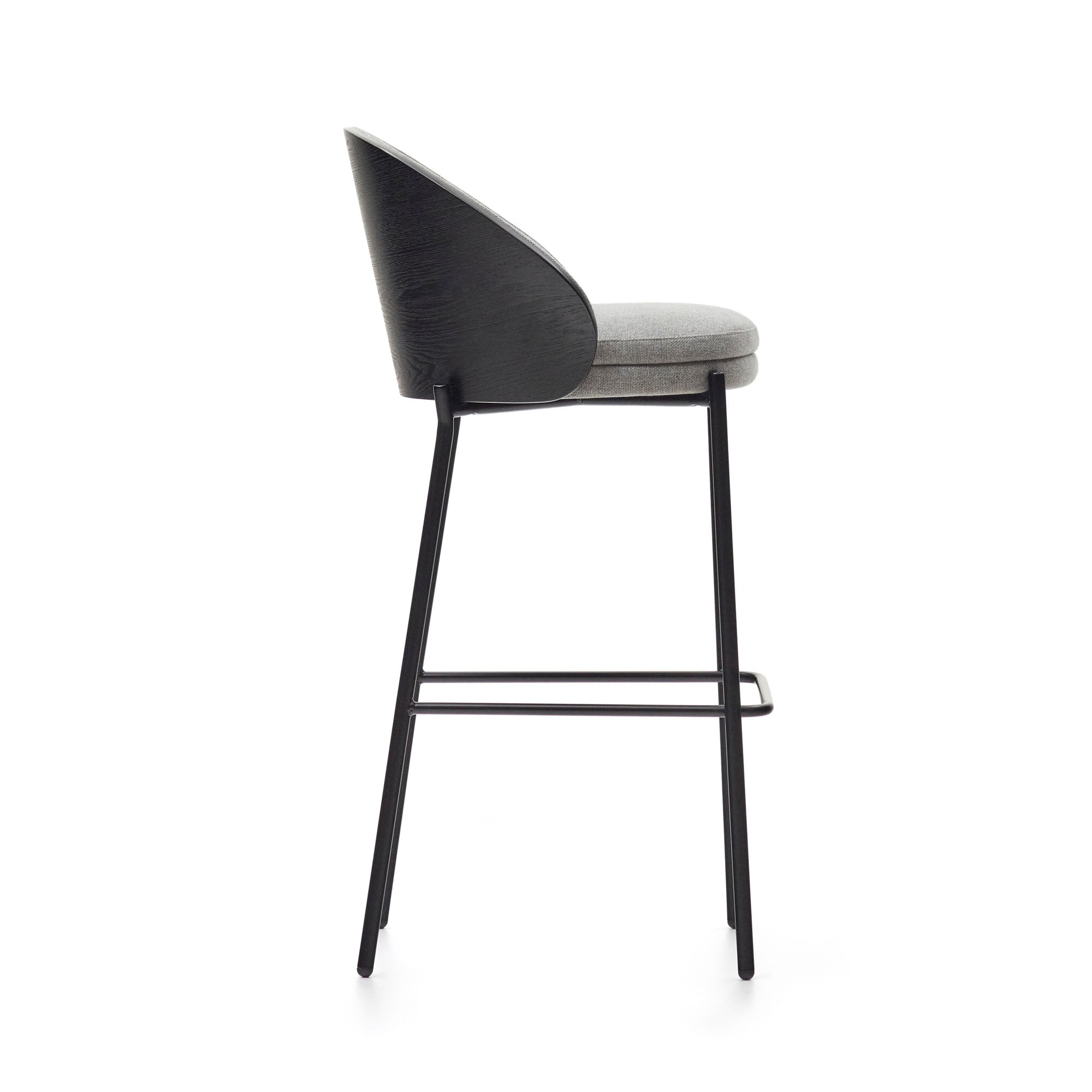 Eamy stool light grey chenille and ash wood veneer with a black finish and black metal, 77 cm - Product Image