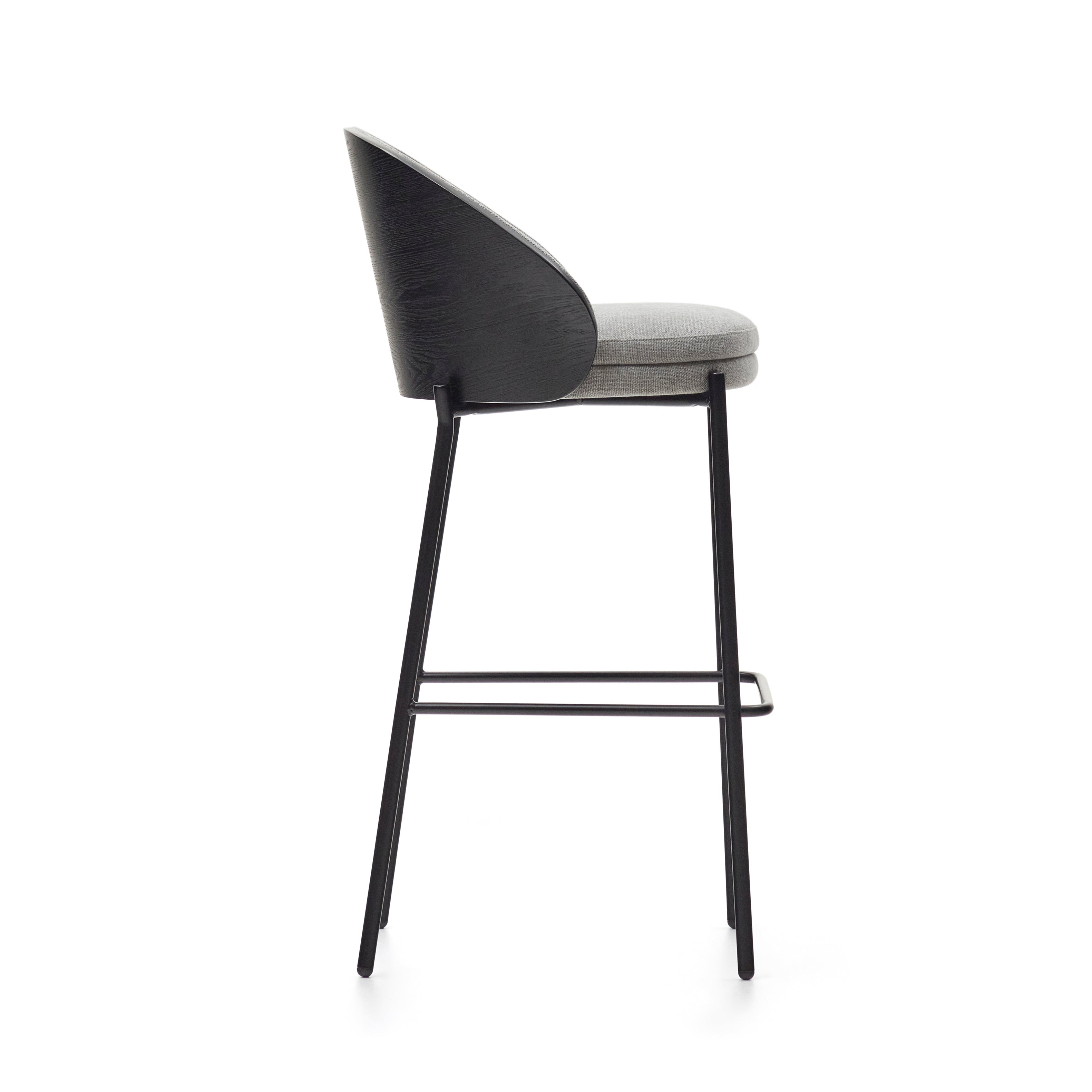 Eamy stool light grey chenille and ash wood veneer with a black finish and black metal, 77 cm - Product Image