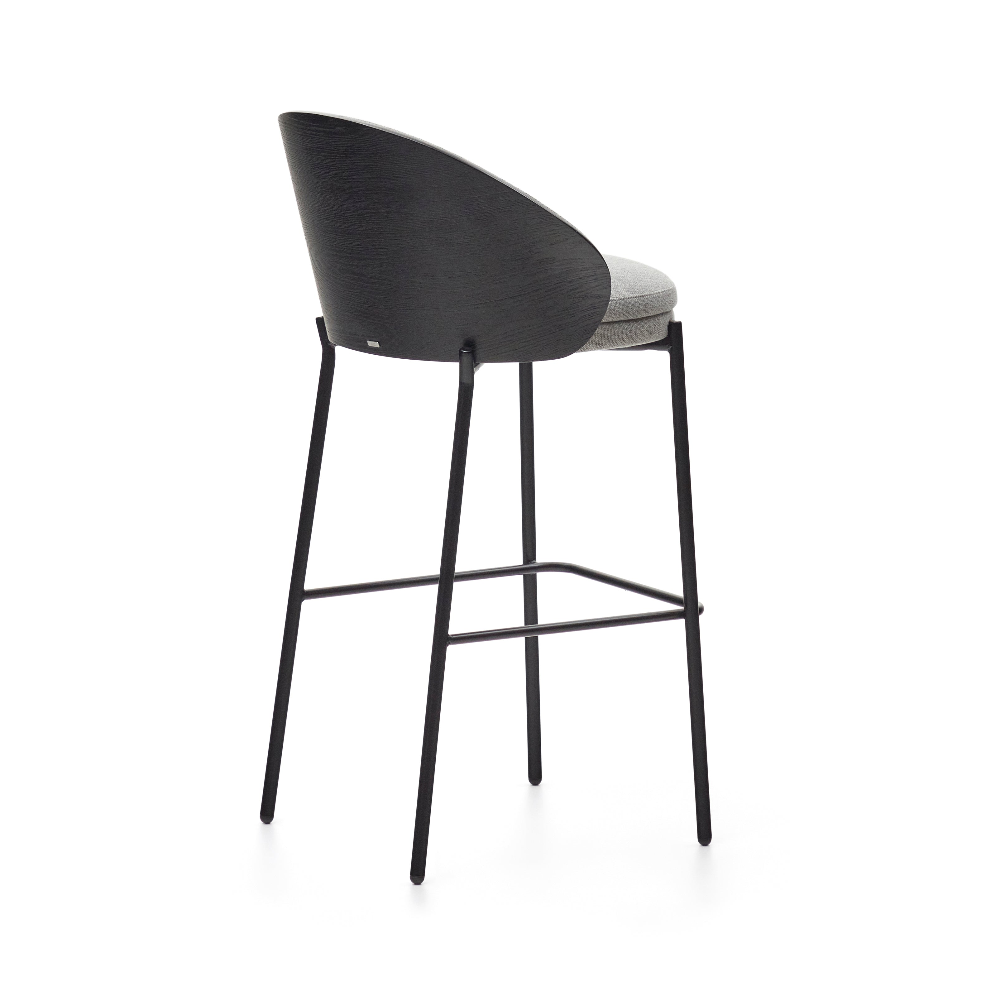 Eamy stool light grey chenille and ash wood veneer with a black finish and black metal, 77 cm - Product Image