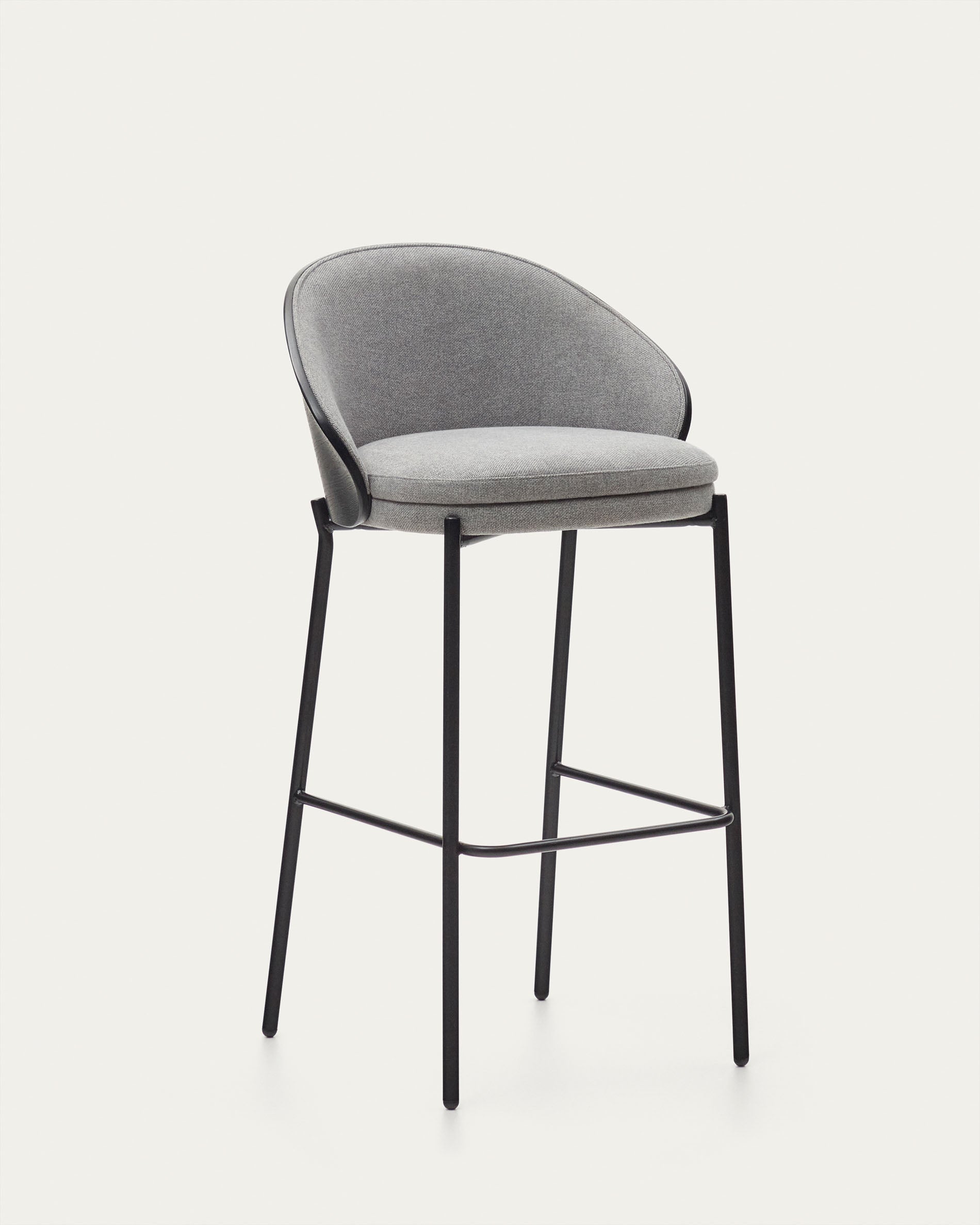 Eamy stool light grey chenille and ash wood veneer with a black finish and black metal, 77 cm - Detail