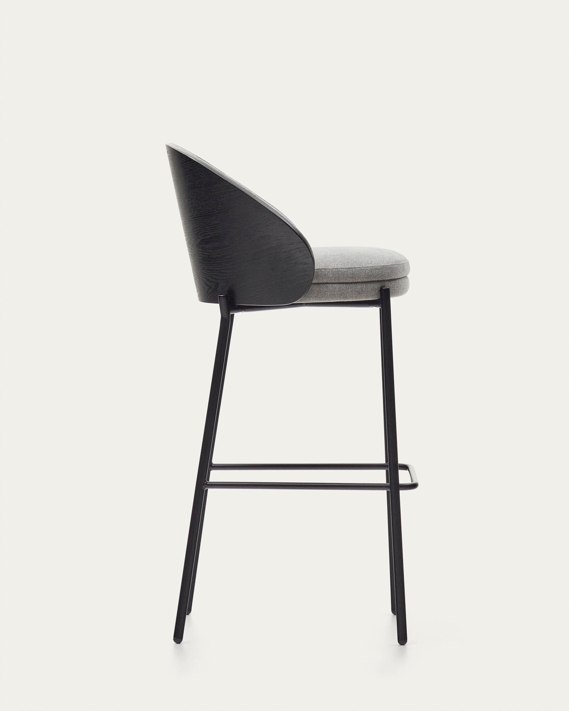 Eamy stool light grey chenille and ash wood veneer with a black finish and black metal, 77 cm - Product View