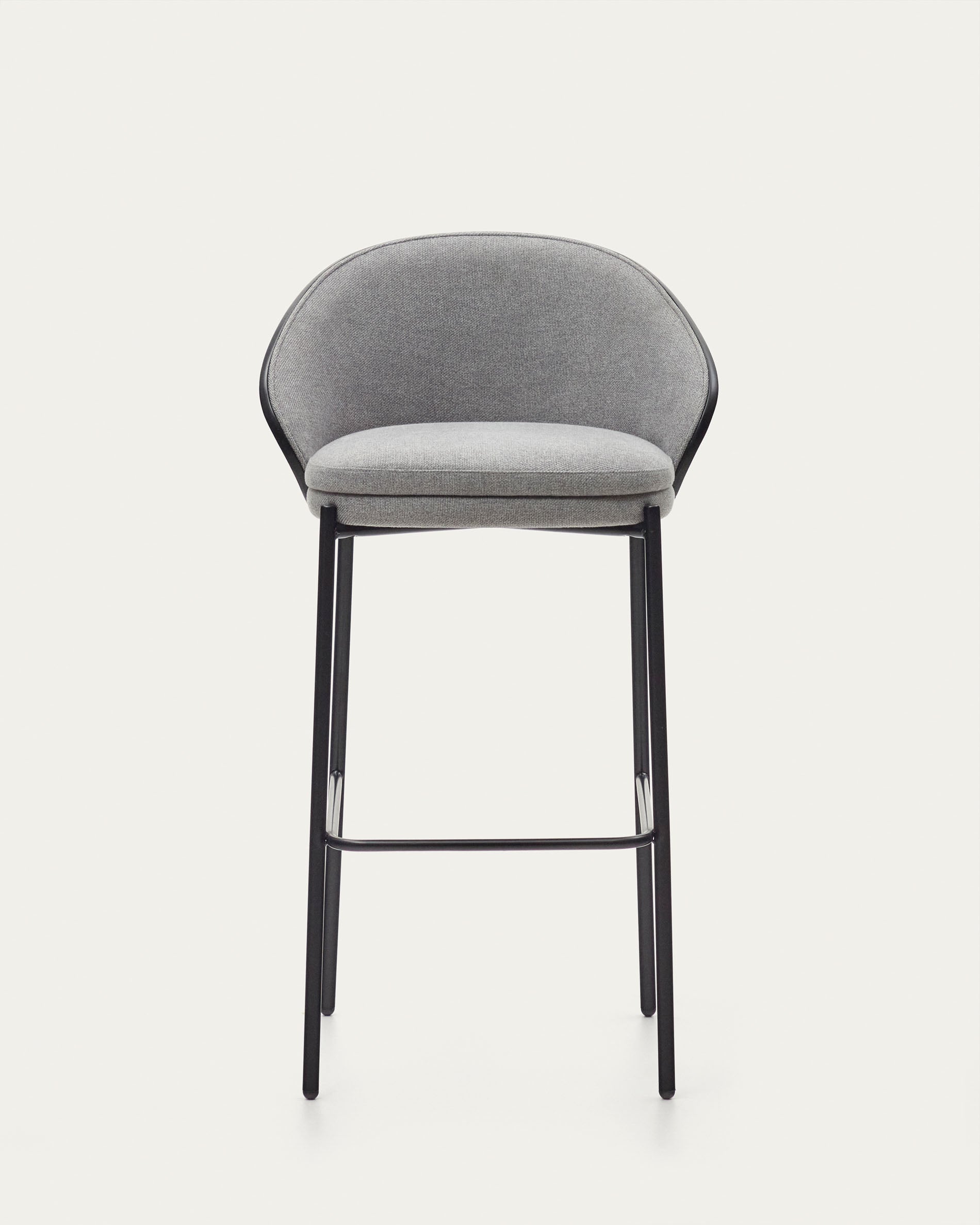 Eamy stool light grey chenille and ash wood veneer with a black finish and black metal, 77 cm - Product View