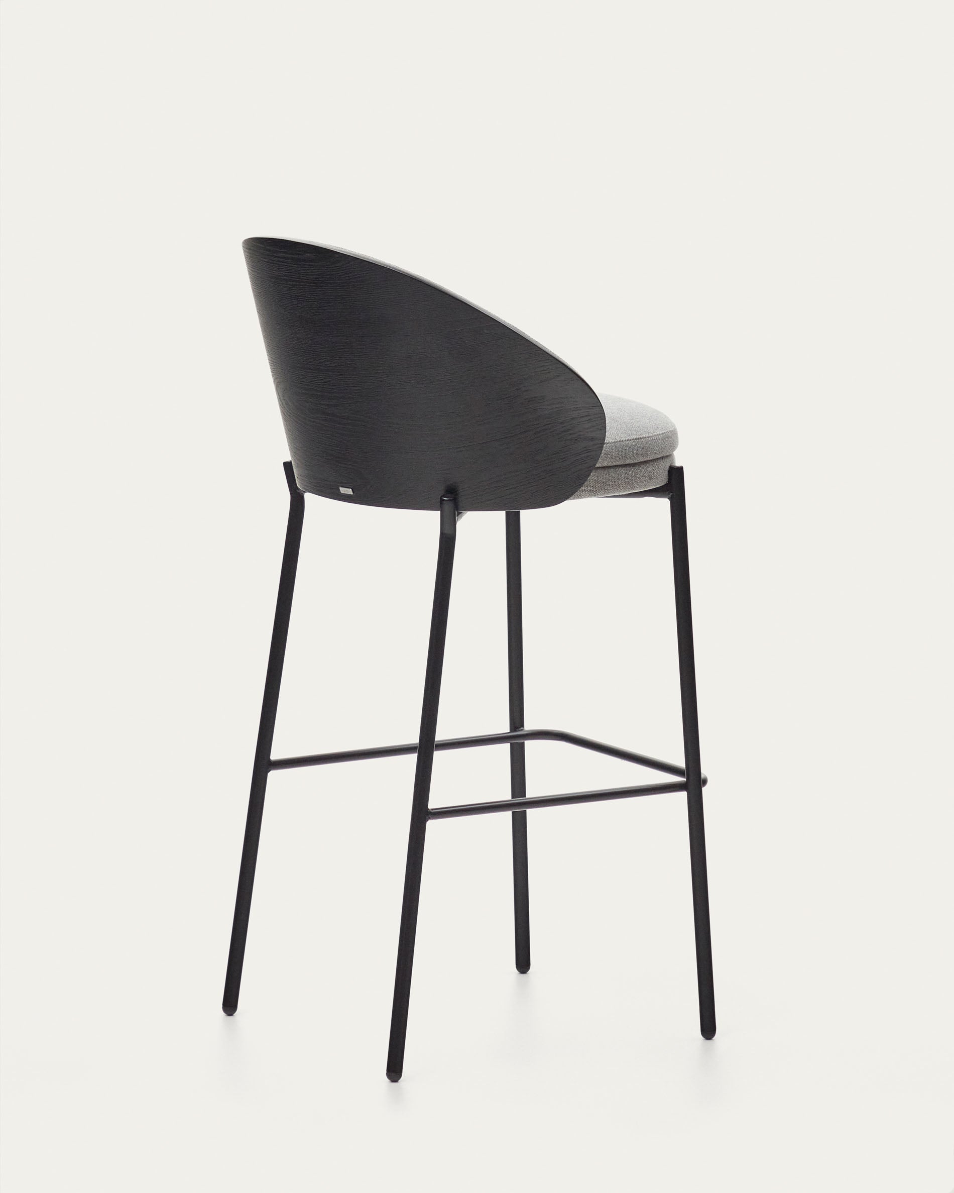 Eamy stool light grey chenille and ash wood veneer with a black finish and black metal, 77 cm - Product View