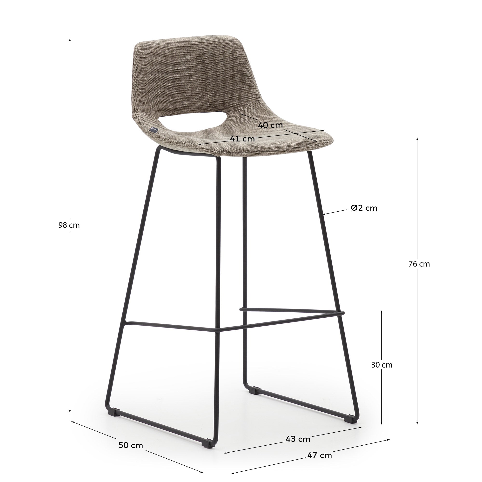 Zahara bar stool in brown with steel legs in black finish, height 76 cm - Measurements