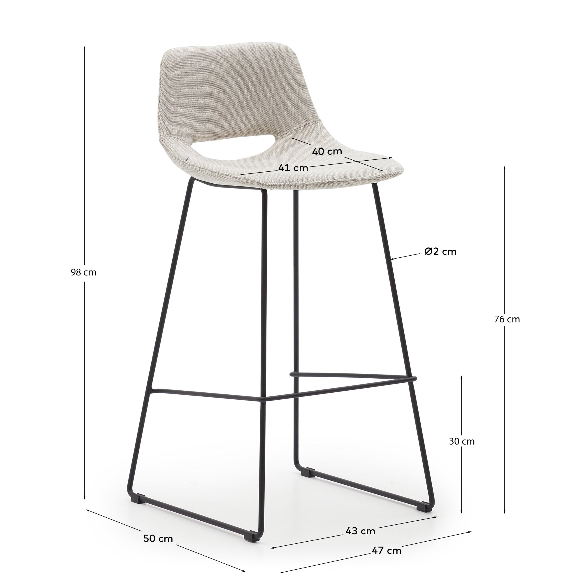 Zahara beige stool with steel in a black finish, height 76 cm - Measurements