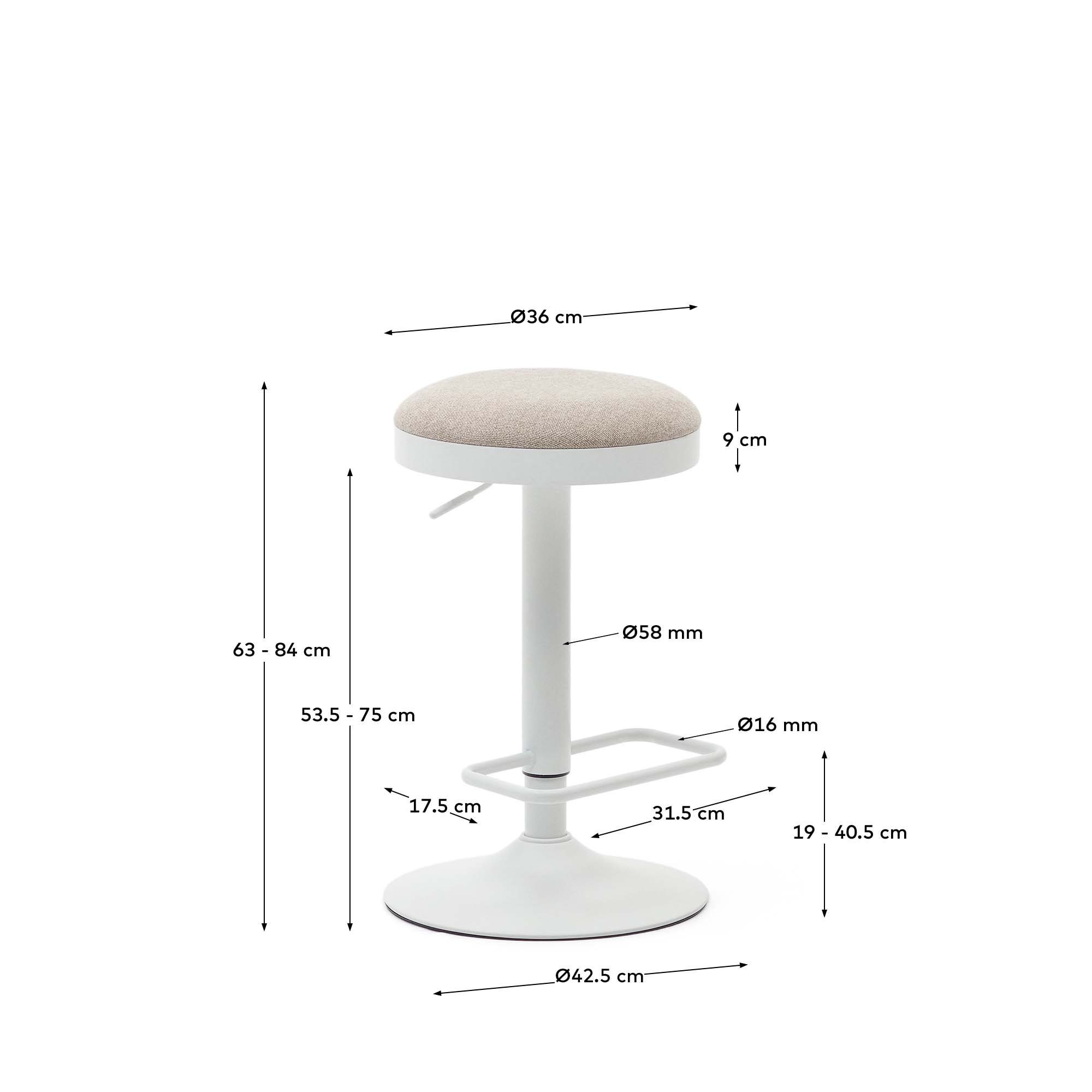 Zaib stool in beige chenille and matt white steel height 63-84 cm FSC 100% - Measurements