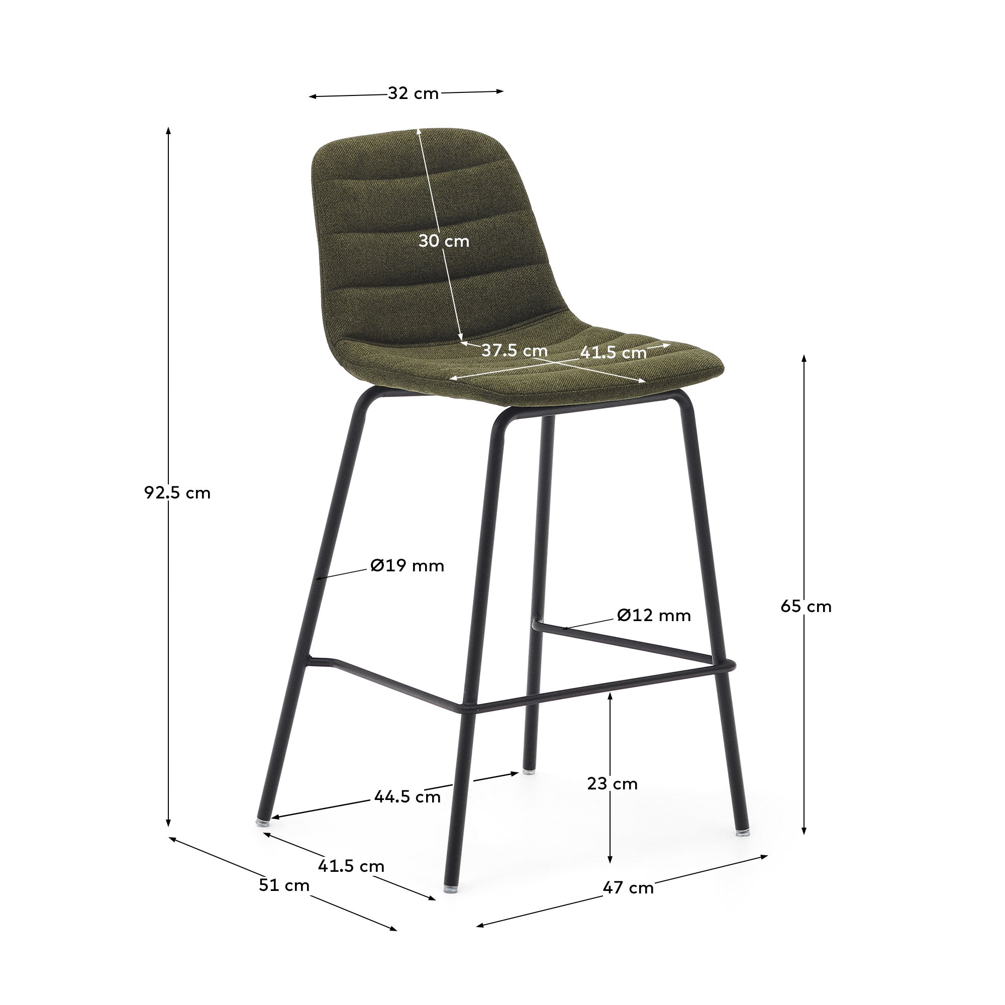 Zunilda stool in dark green and steel chenille with matt black finish height 65 cm FSC 100% - Measurements