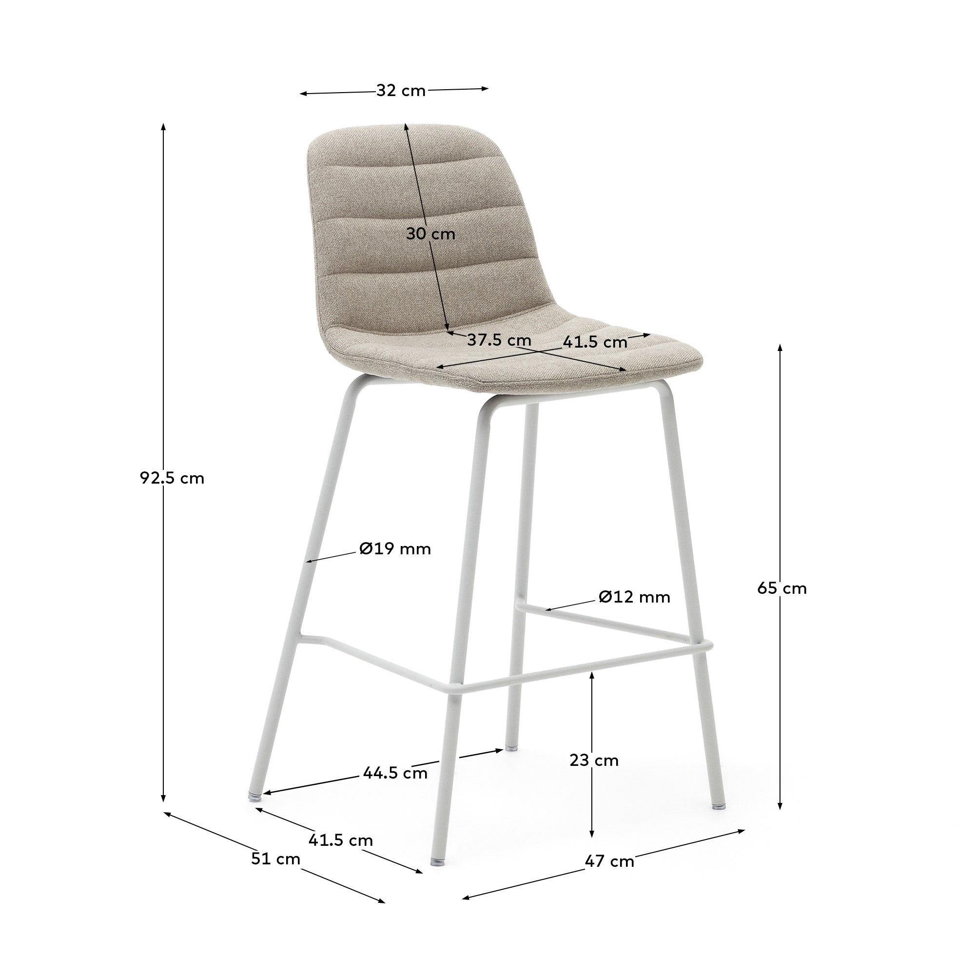 Zunilda stool in beige chenille and steel with matt white finish height 65 cm FSC 100% - Measurements