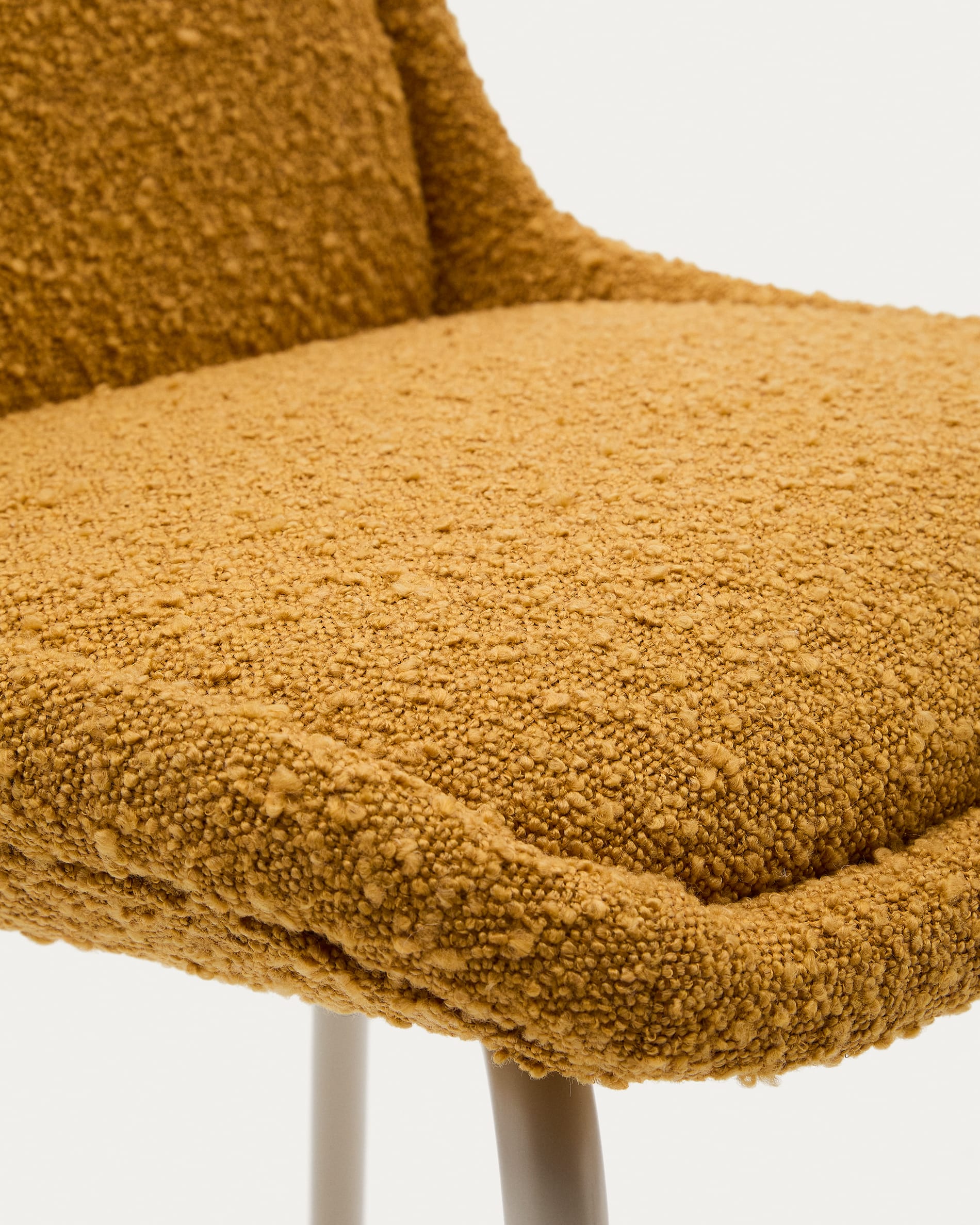 Aimin chair in mustard yellow bouclé fabric, steel legs, beige paint coating, 65 cm