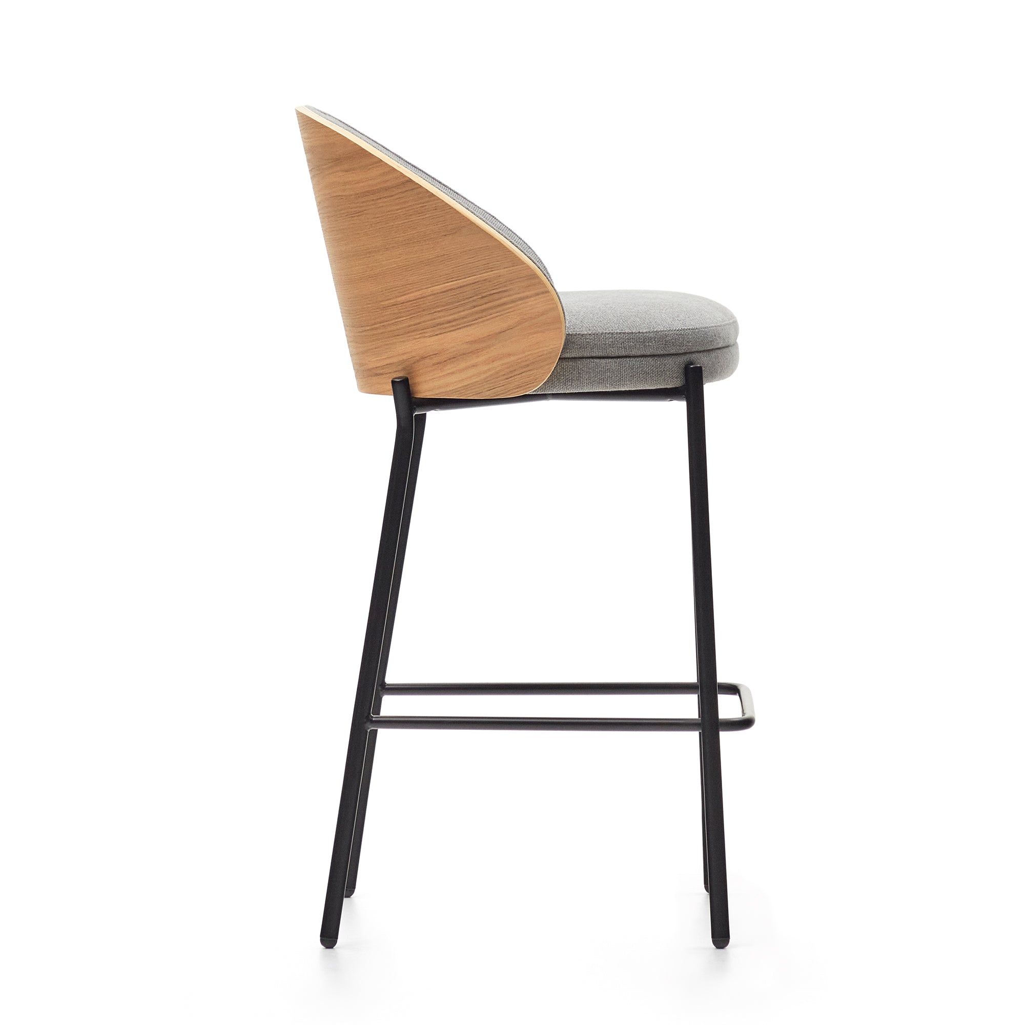 Eamy stool  light grey chenille and ash wood veneer with a natural finish and black metal, 65 cm - Product Image