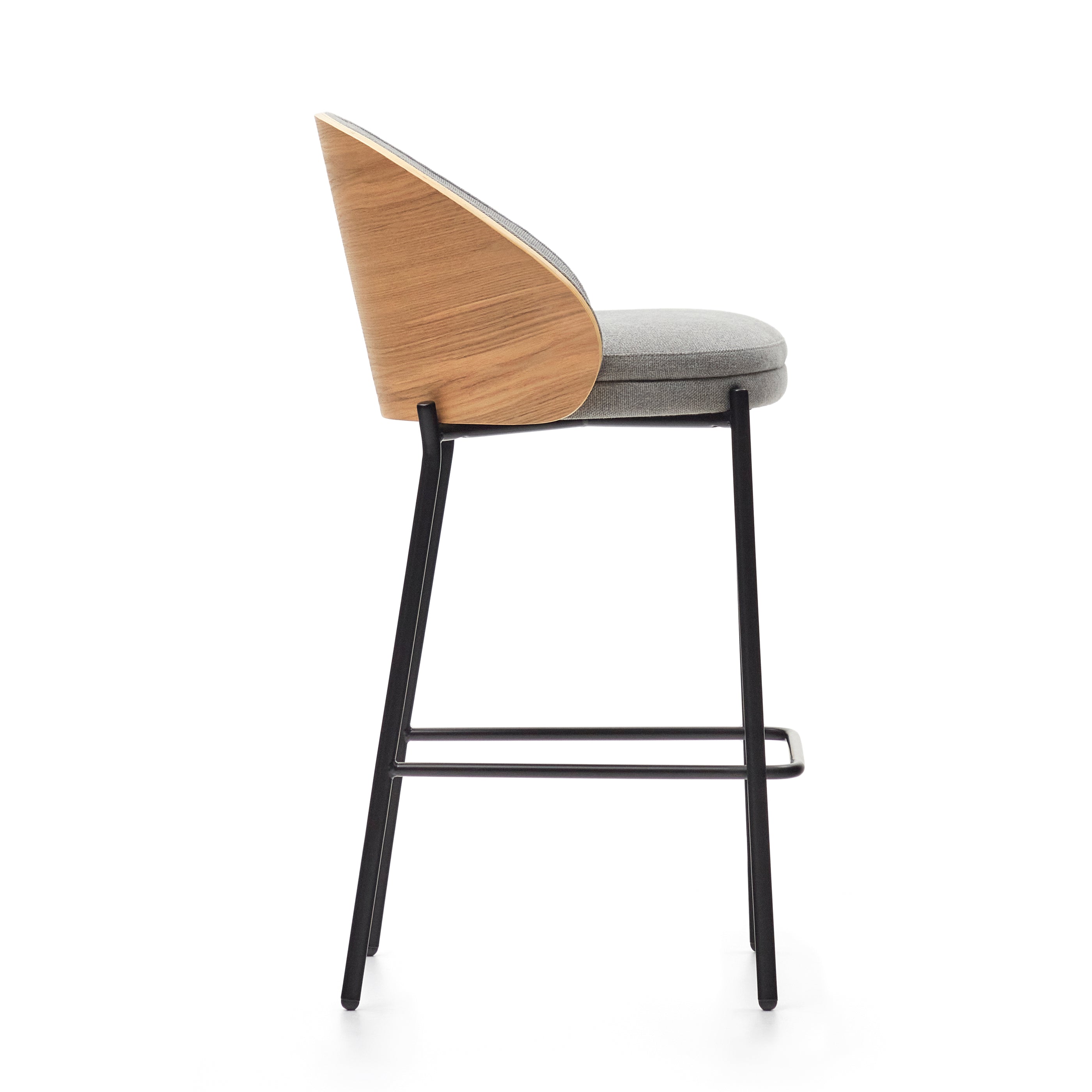 Eamy stool  light grey chenille and ash wood veneer with a natural finish and black metal, 65 cm - Product Image
