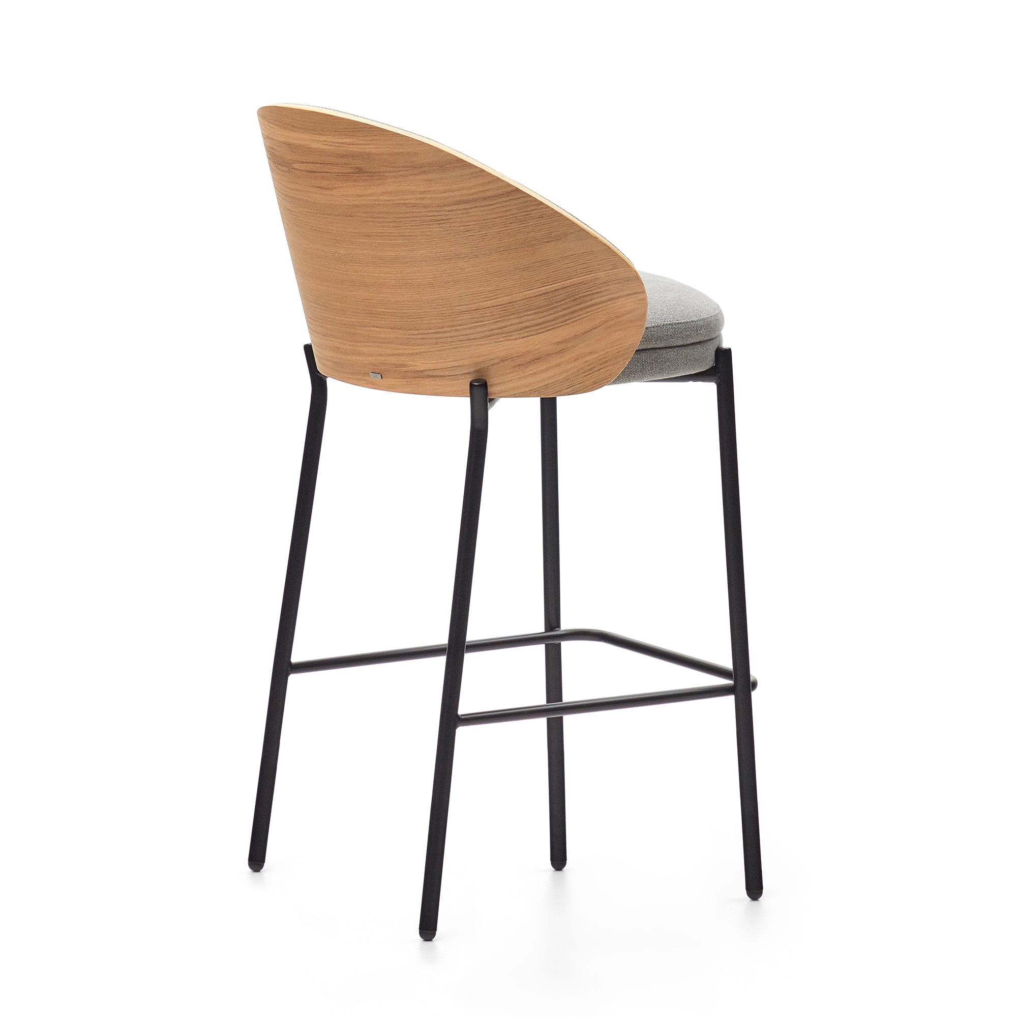 Eamy stool  light grey chenille and ash wood veneer with a natural finish and black metal, 65 cm - Product Image