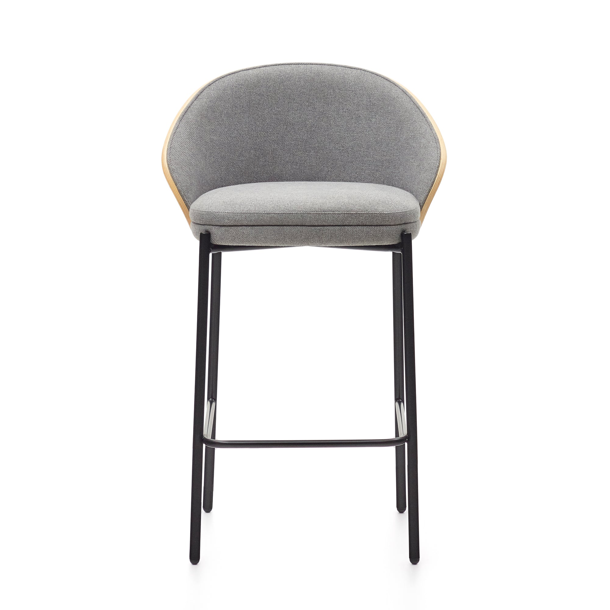 Eamy stool  light grey chenille and ash wood veneer with a natural finish and black metal, 65 cm - Product Image