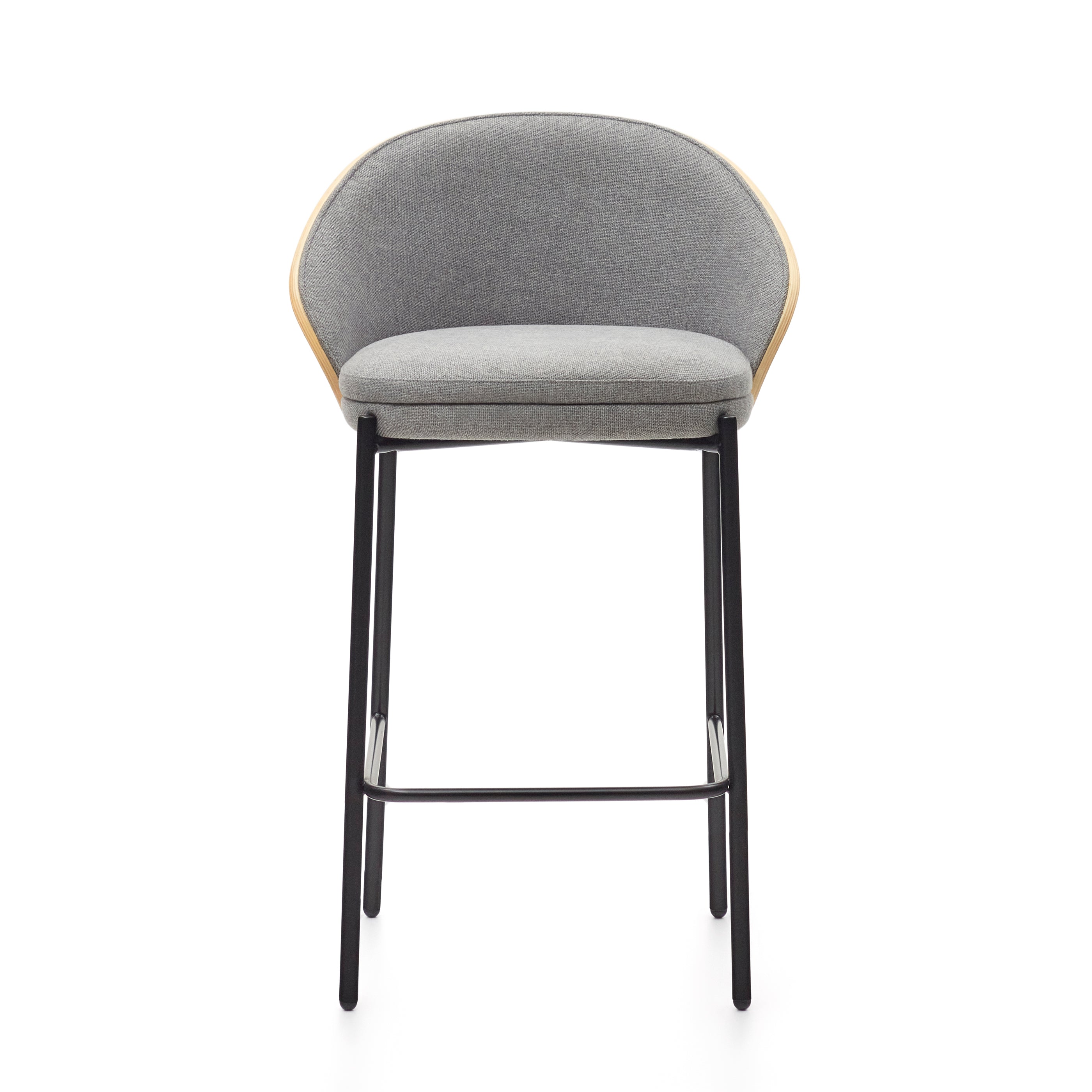Eamy stool  light grey chenille and ash wood veneer with a natural finish and black metal, 65 cm - Product Image