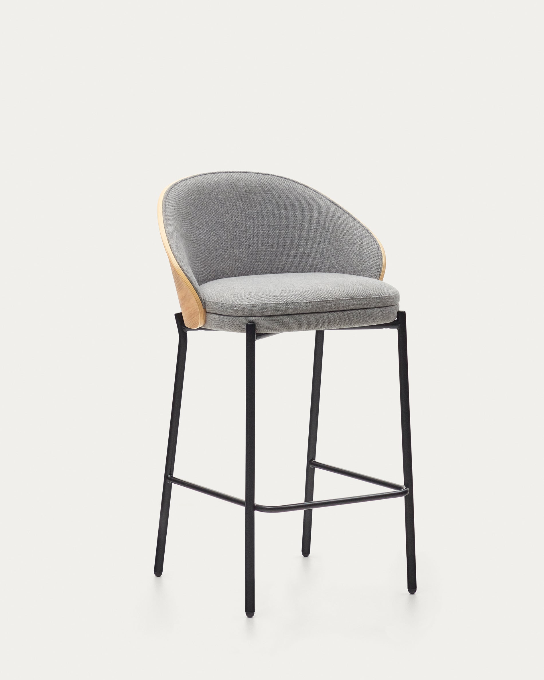Eamy stool  light grey chenille and ash wood veneer with a natural finish and black metal, 65 cm - Product View