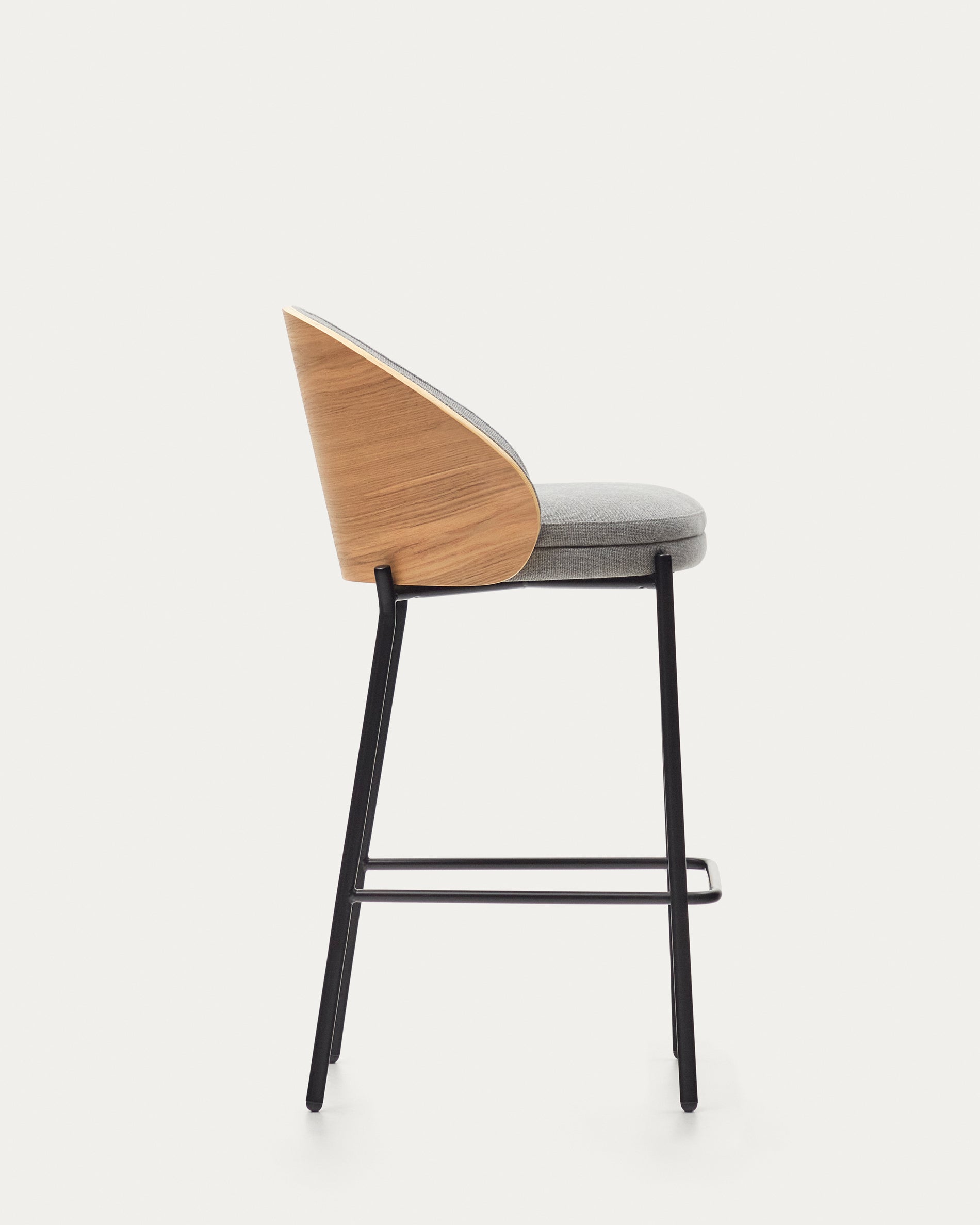 Eamy stool  light grey chenille and ash wood veneer with a natural finish and black metal, 65 cm - Product View