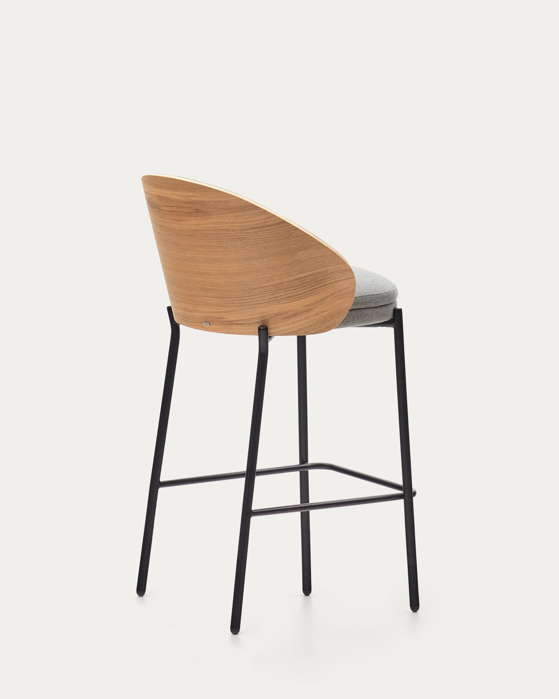 Eamy stool  light grey chenille and ash wood veneer with a natural finish and black metal, 65 cm - Product View