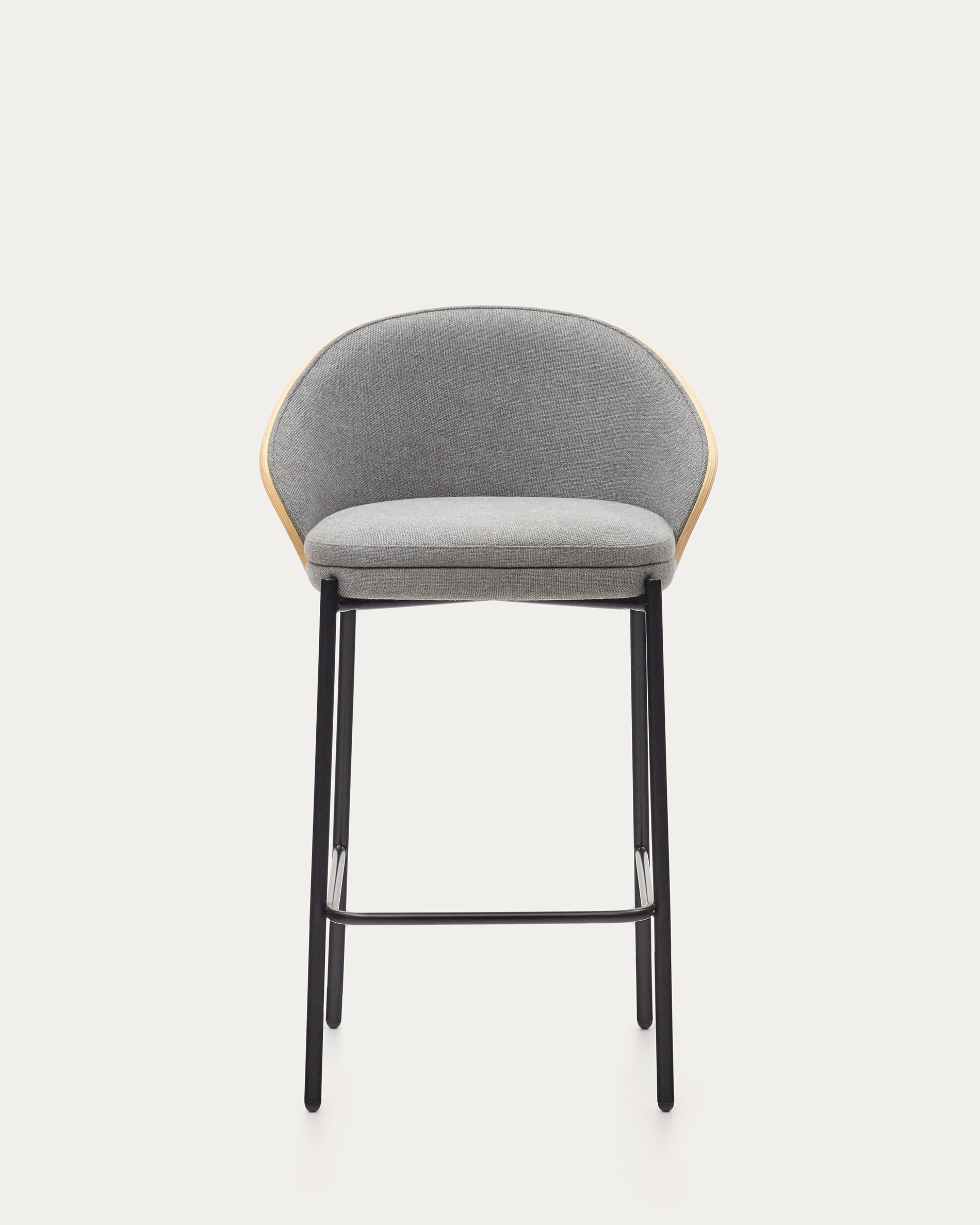 Eamy stool  light grey chenille and ash wood veneer with a natural finish and black metal, 65 cm - Product View