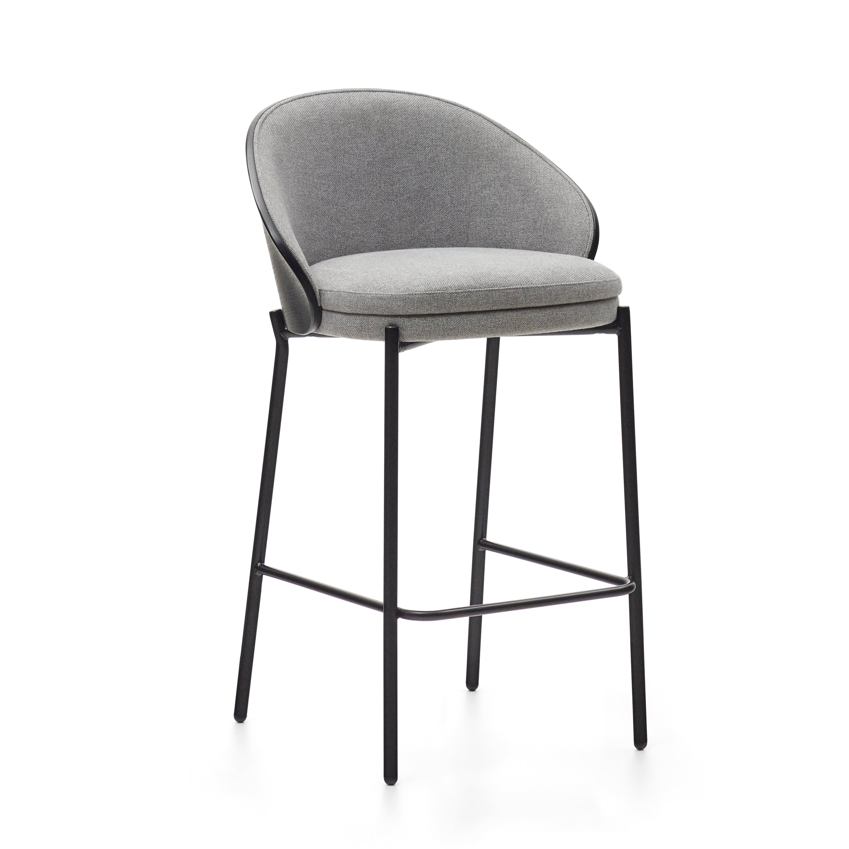 Eamy stool light grey chenille and ash wood veneer with a black finish and black metal, 65 cm - Product Image