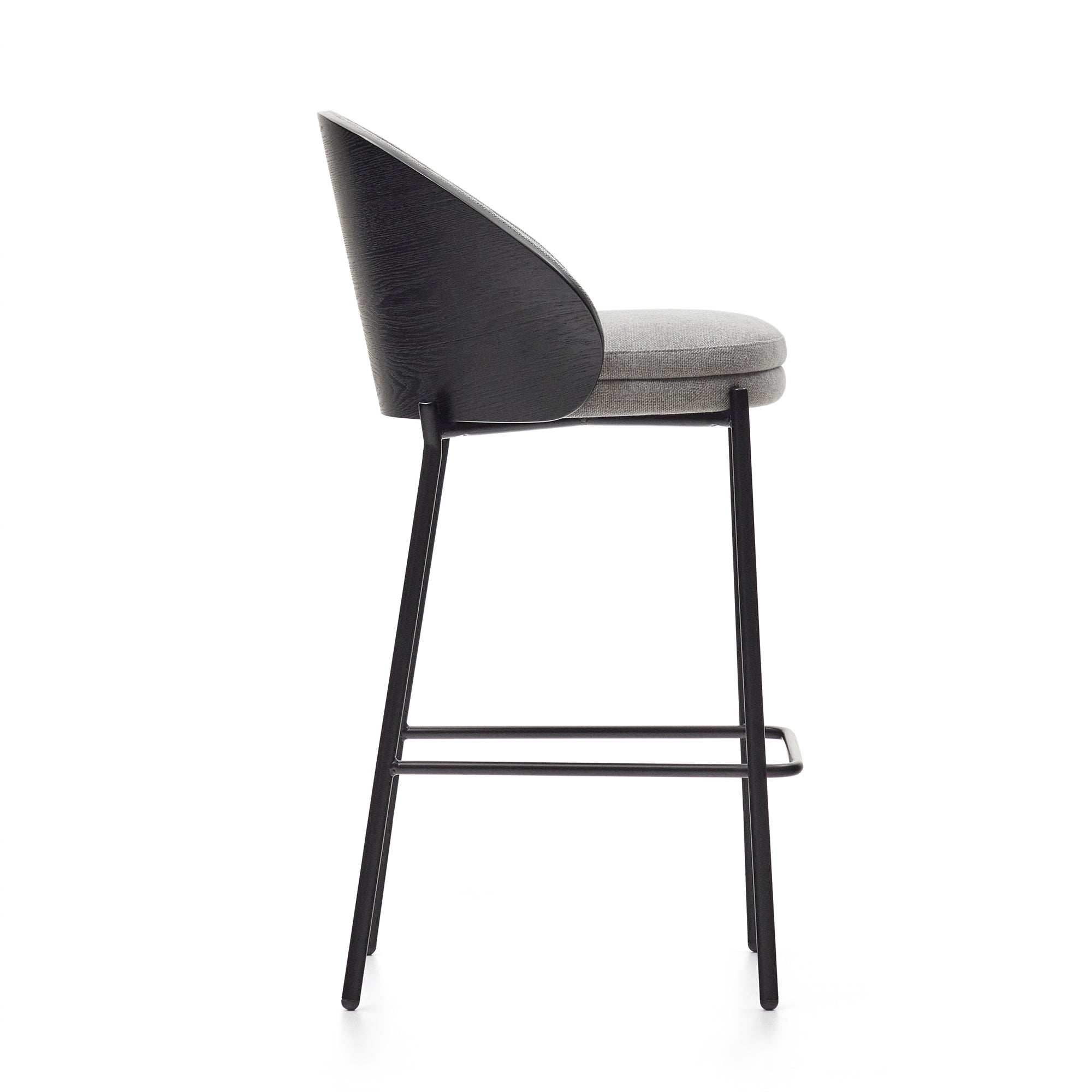 Eamy stool light grey chenille and ash wood veneer with a black finish and black metal, 65 cm - Product Image