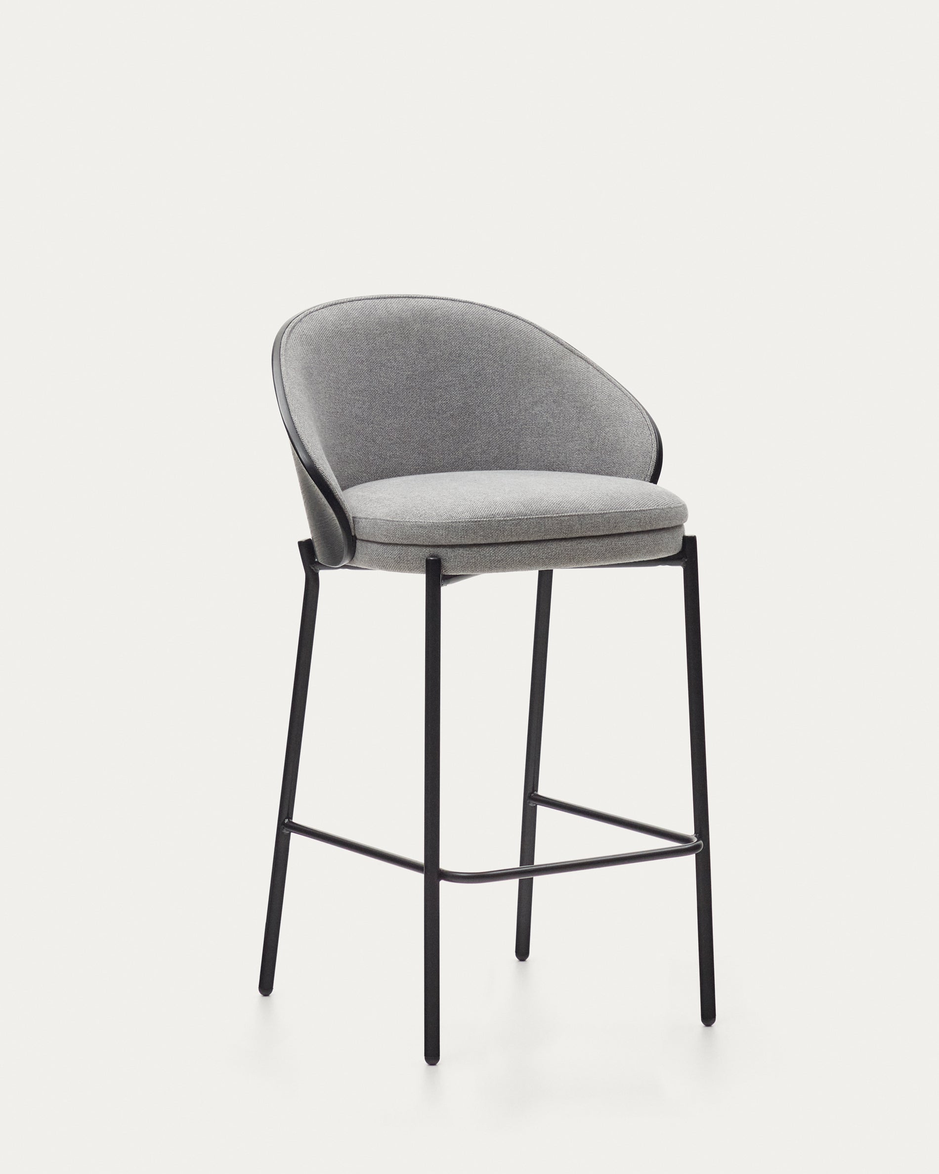 Eamy stool light grey chenille and ash wood veneer with a black finish and black metal, 65 cm - Product View