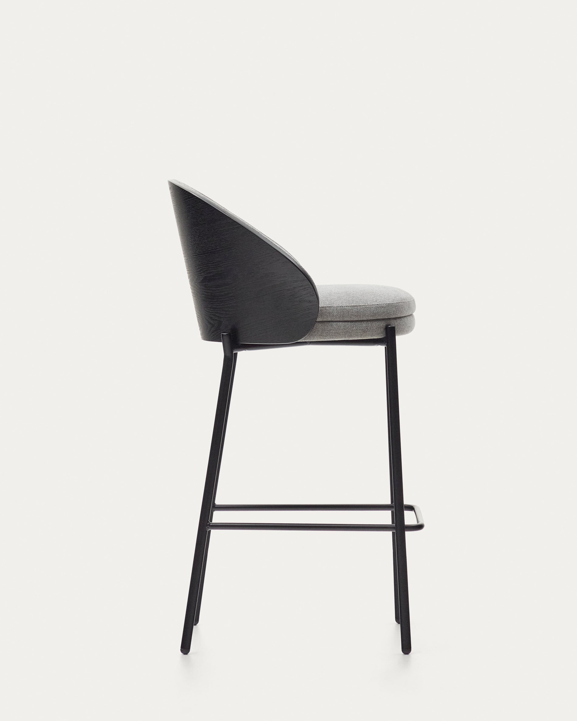 Eamy stool light grey chenille and ash wood veneer with a black finish and black metal, 65 cm - Product View