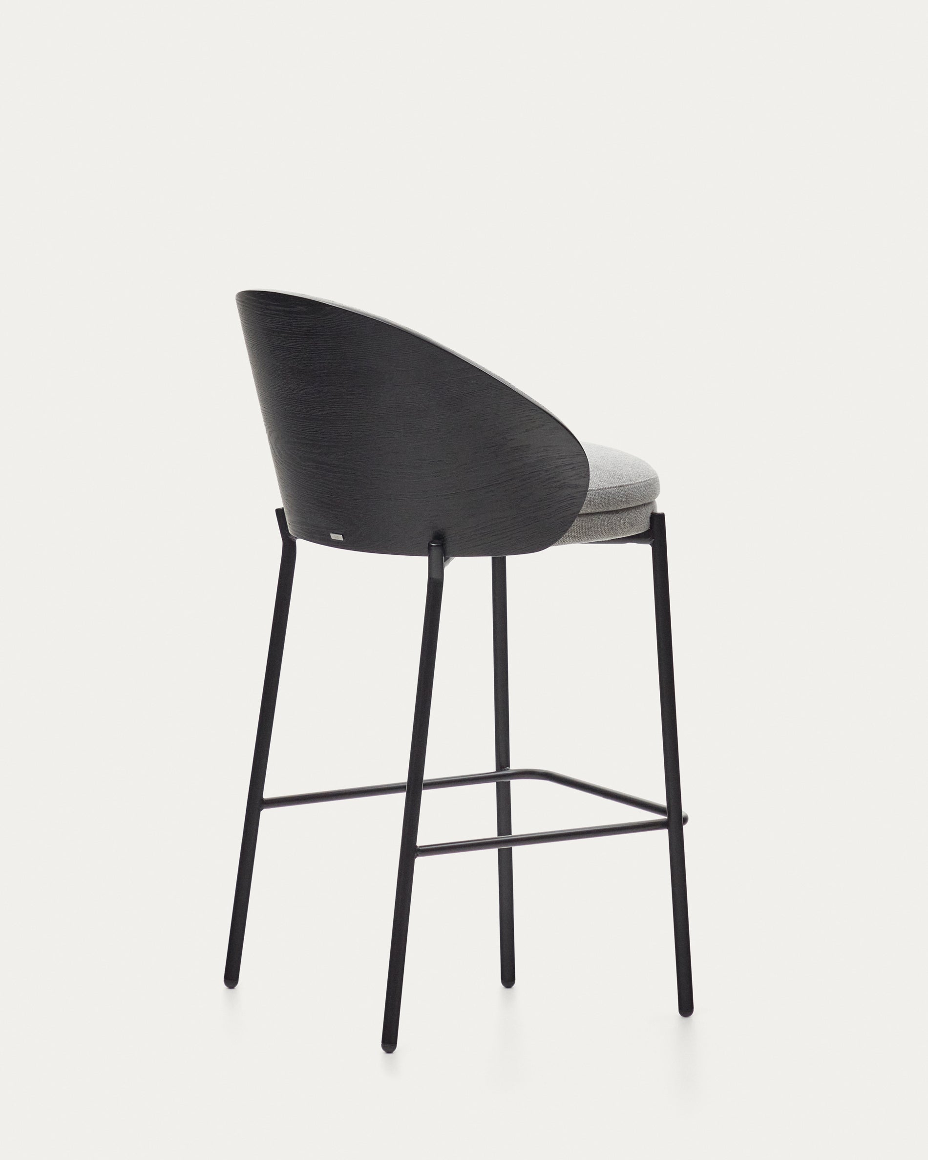 Eamy stool light grey chenille and ash wood veneer with a black finish and black metal, 65 cm - Product View