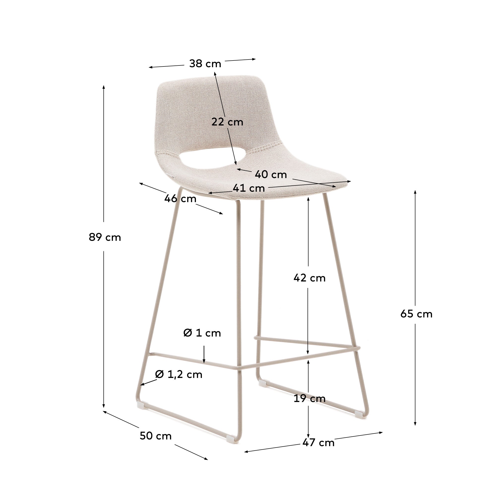 Zahara beige stool with steel in a beige finish, height 65 cm - Measurements