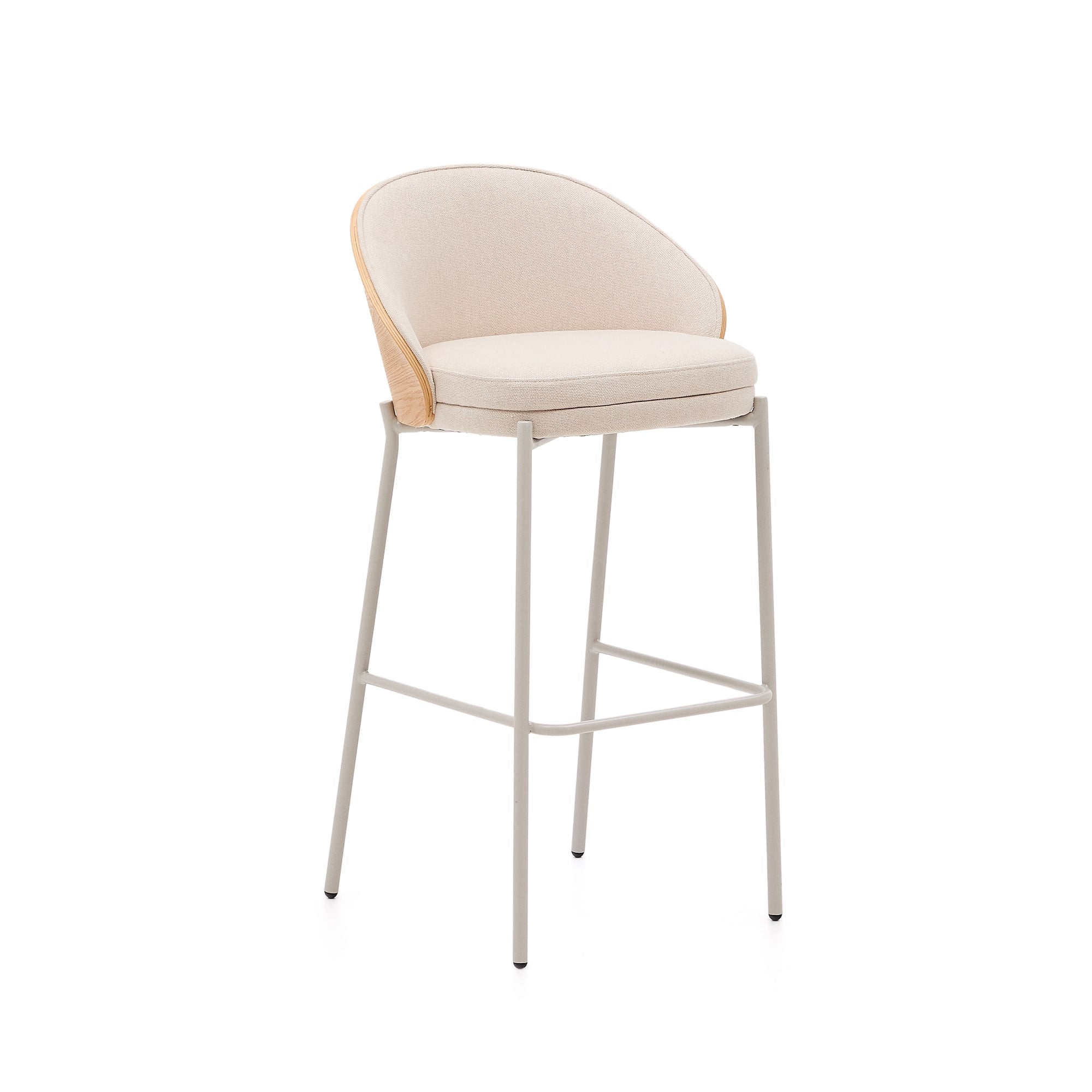 Eamy chair in beige chenille, natural finish ash veneer and beige metal, height 75 cm