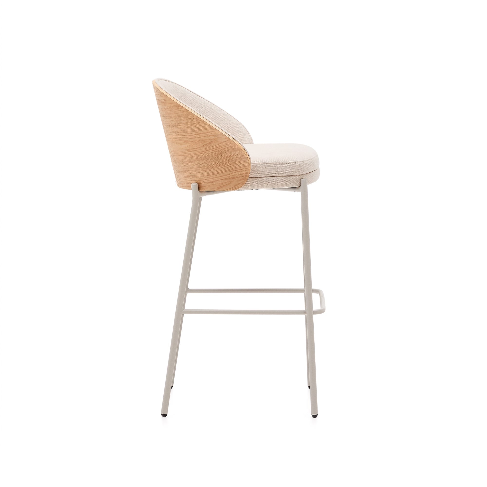 Eamy chair in beige chenille, natural finish ash veneer and beige metal, height 75 cm