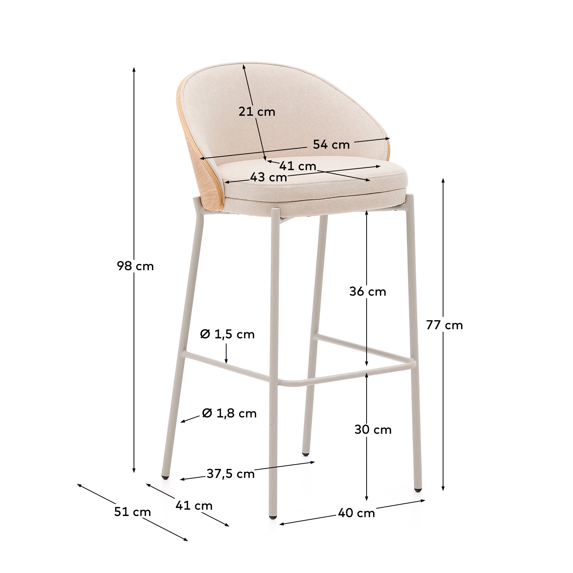 Eamy stool in beige chenille, in a natural finish ash veneer and beige metal and a height of 77 cm - Measurements