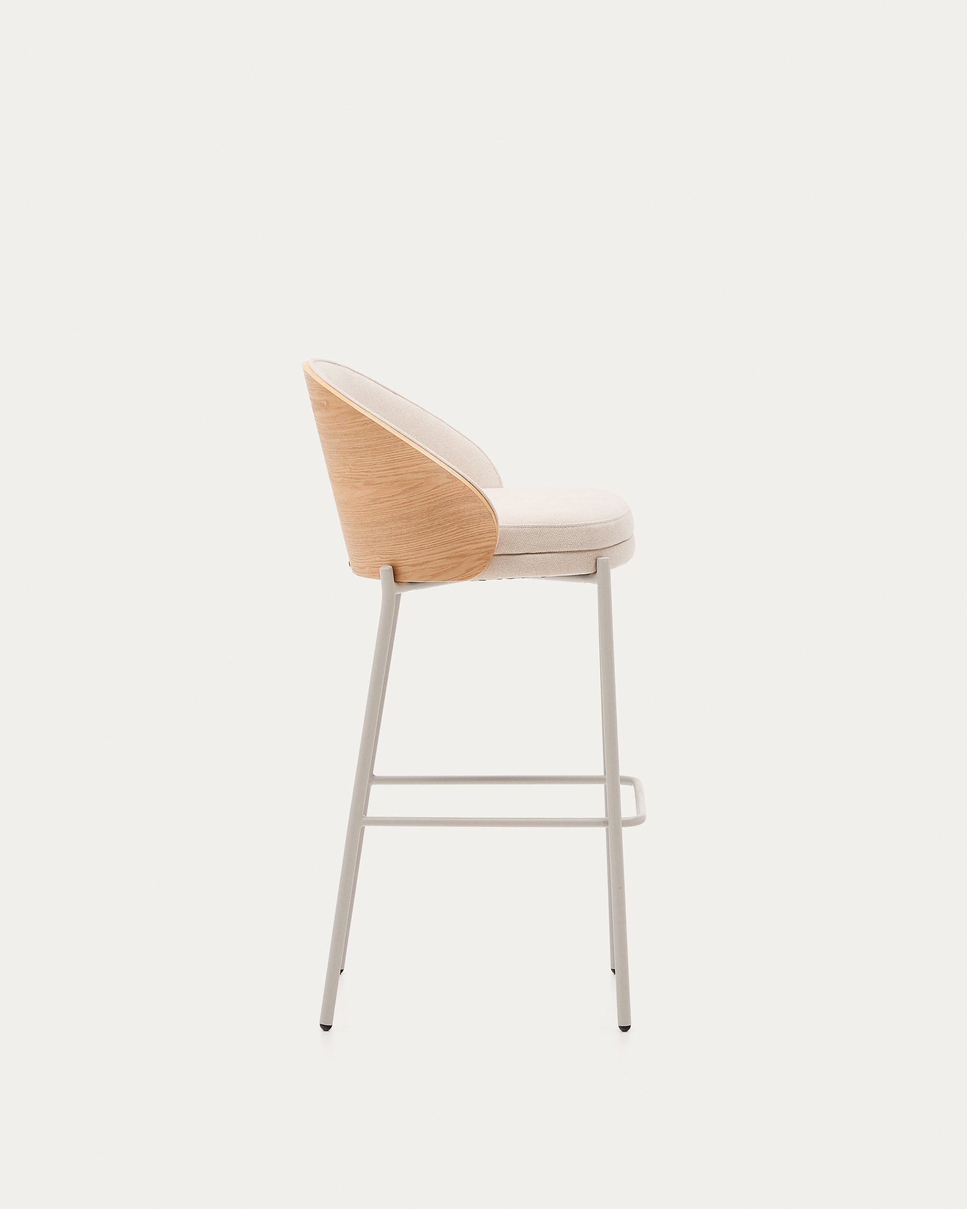 Eamy stool in beige chenille, in a natural finish ash veneer and beige metal and a height of 77 cm - Product View