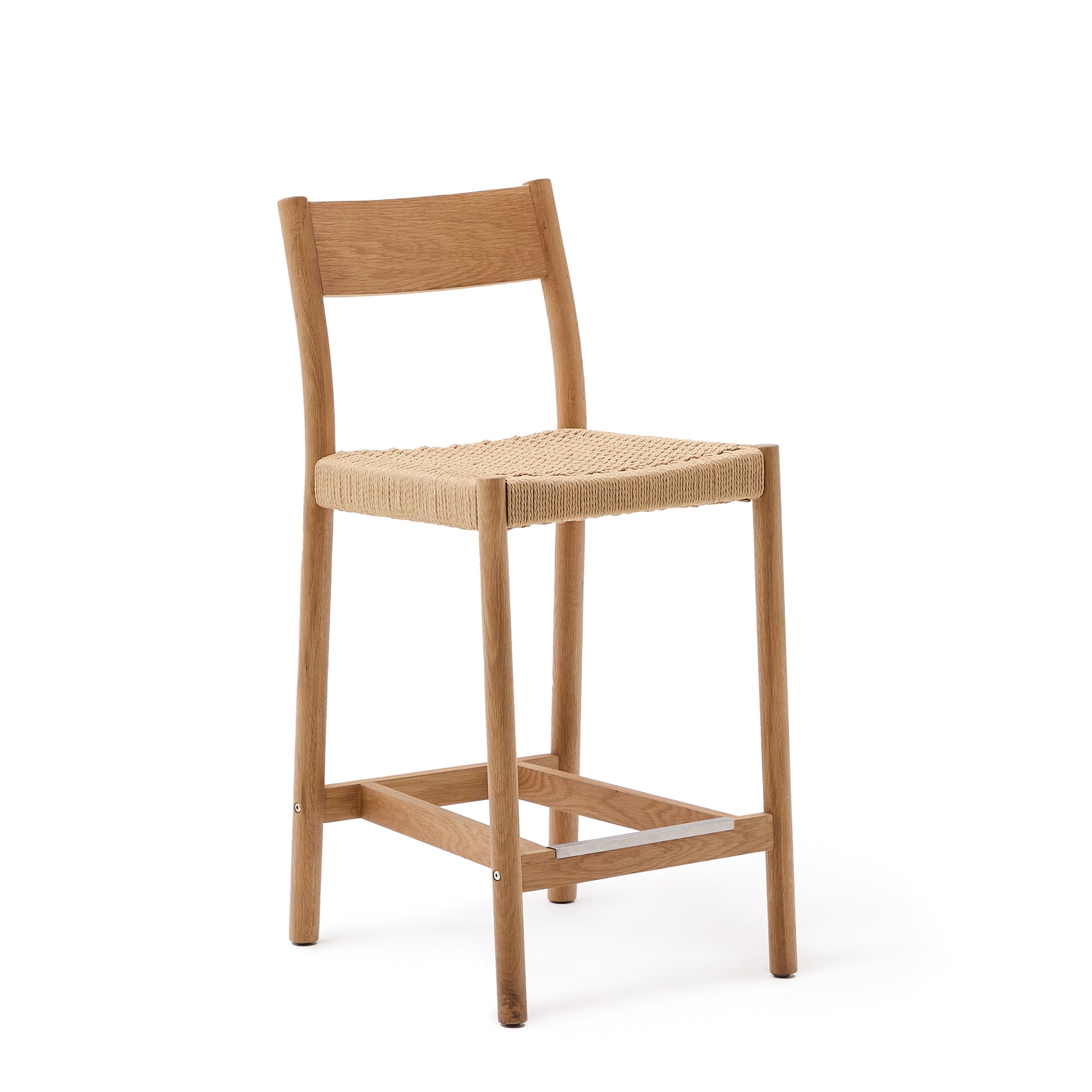 Yalia stool with a backrest in solid oak wood in a natural finish,and rope cord seat, 65 cm FSC 100% - Product Image