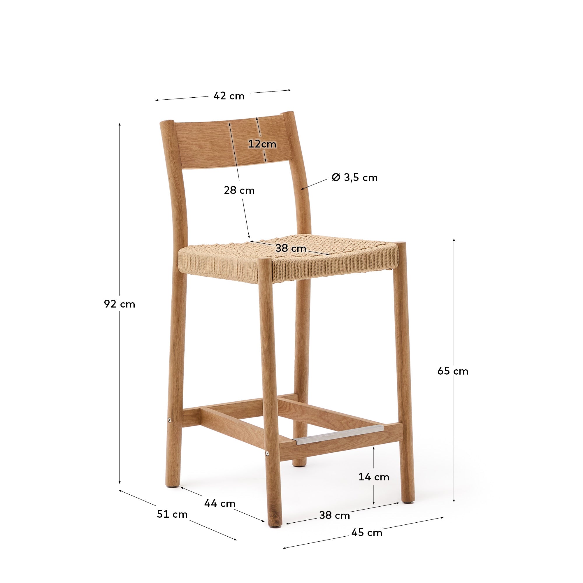 Yalia stool with a backrest in solid oak wood in a natural finish,and rope cord seat, 65 cm FSC 100% - Measurements