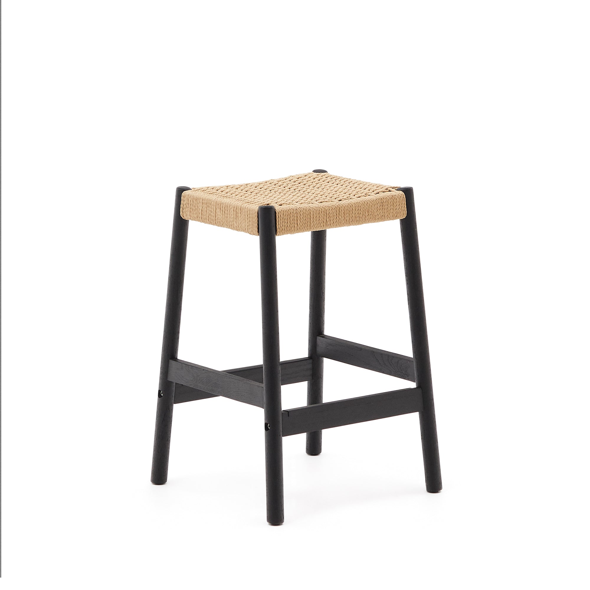 Yalia stool in solid oak wood in a black finish and rope cord, height 65 cm FSC 100% - Product Image