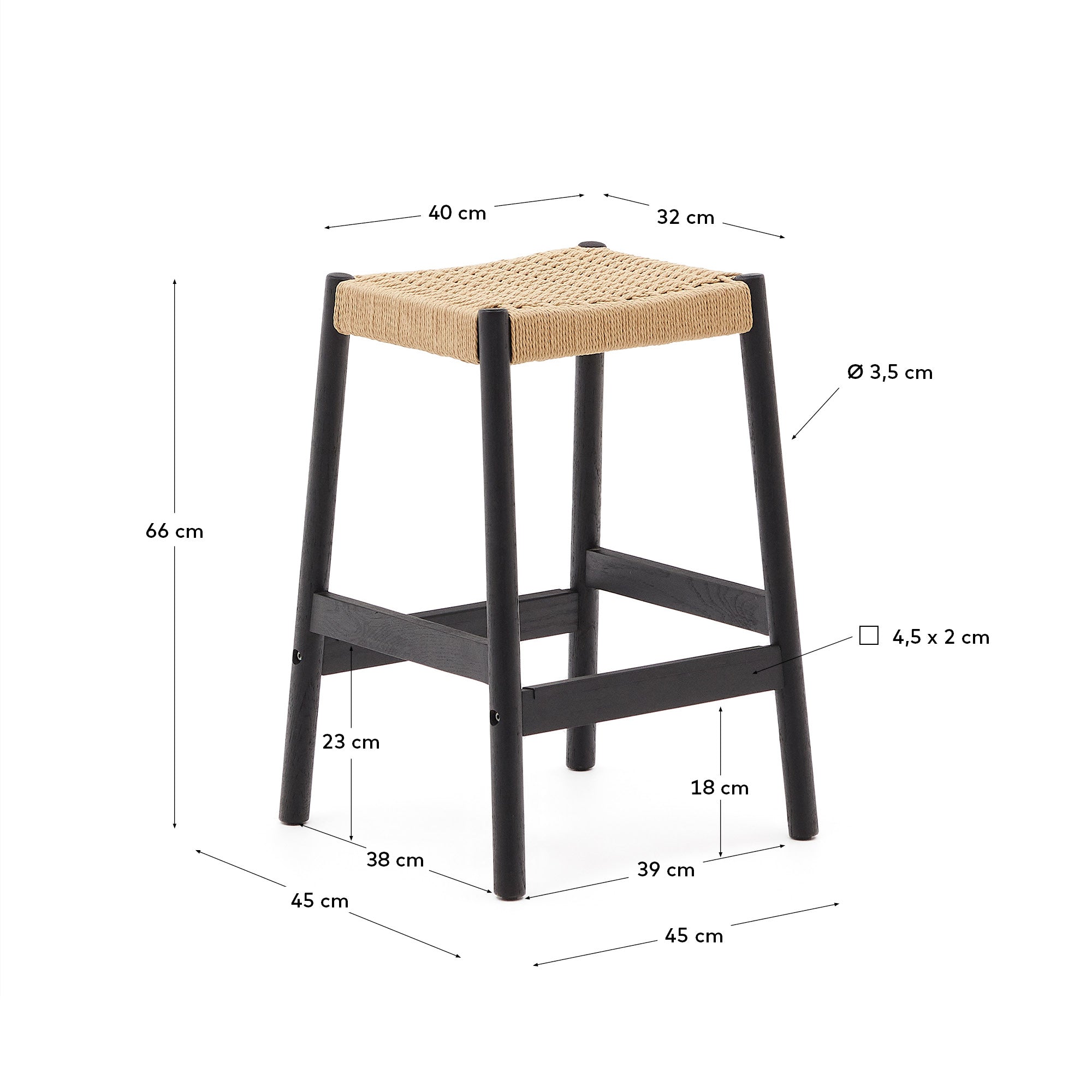 Yalia stool in solid oak wood in a black finish and rope cord, height 65 cm FSC 100% - Measurements