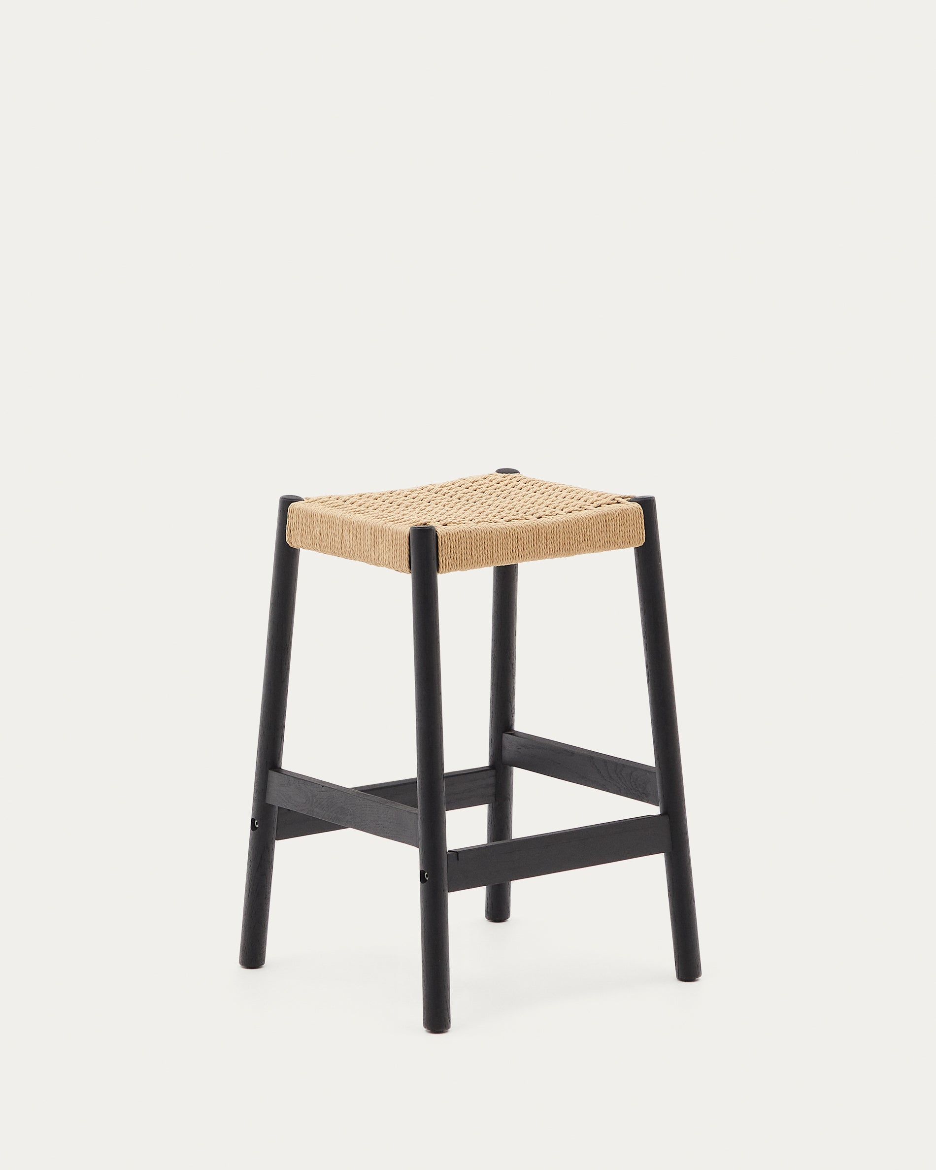 Yalia stool in solid oak wood in a black finish and rope cord, height 65 cm FSC 100% - Product View