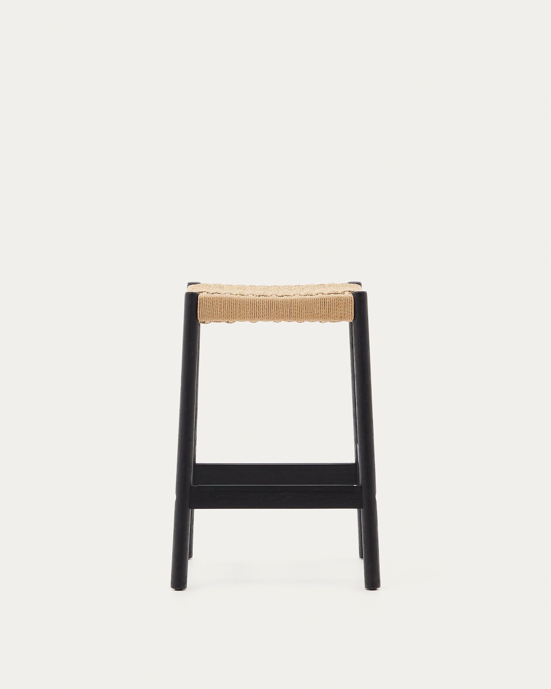 Yalia stool in solid oak wood in a black finish and rope cord, height 65 cm FSC 100% - Product View