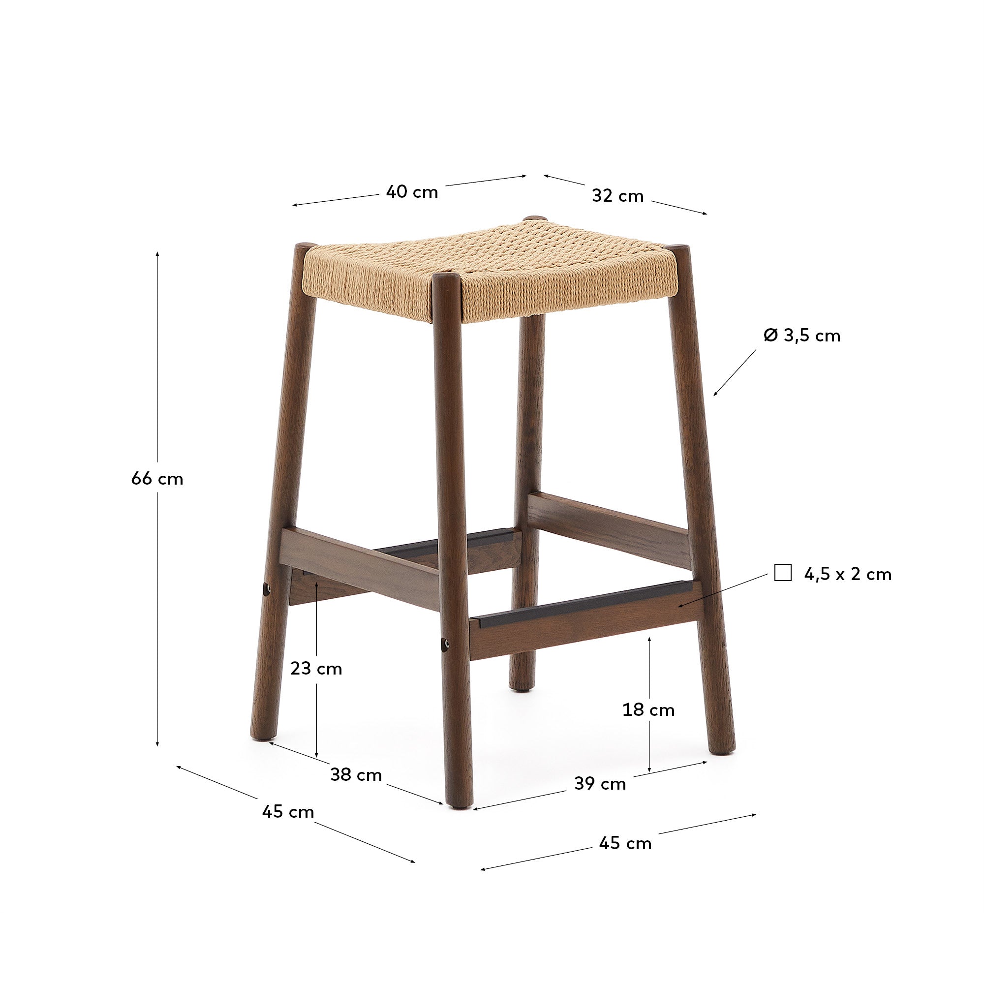Yalia stool in solid oak wood in a walnut finish and rope cord, height 65 cm FSC 100% - Measurements