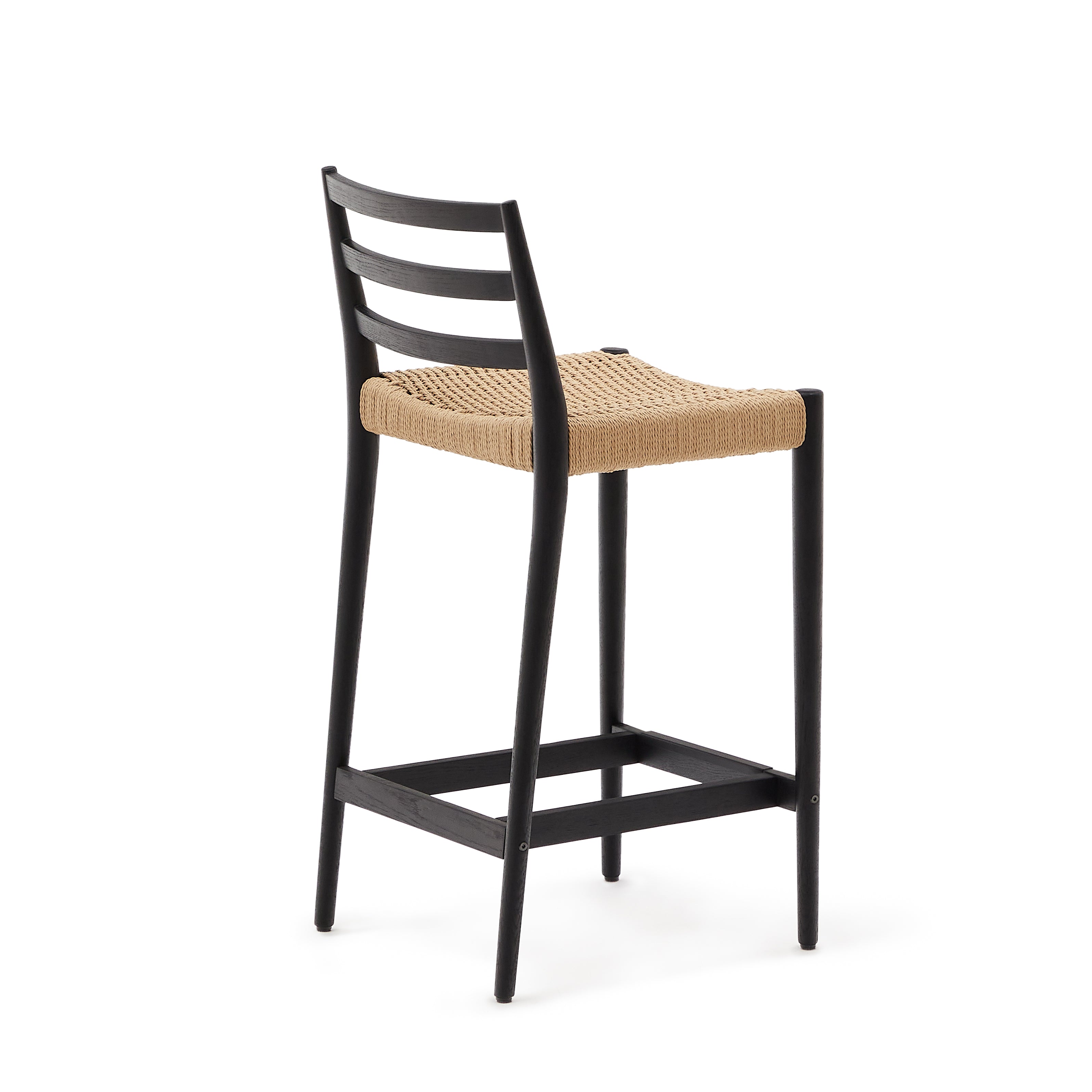 Analy stool with a backrest in solid oak wood in a black finish and rope cord seat, 70 cm, FSC 100% - Product Image